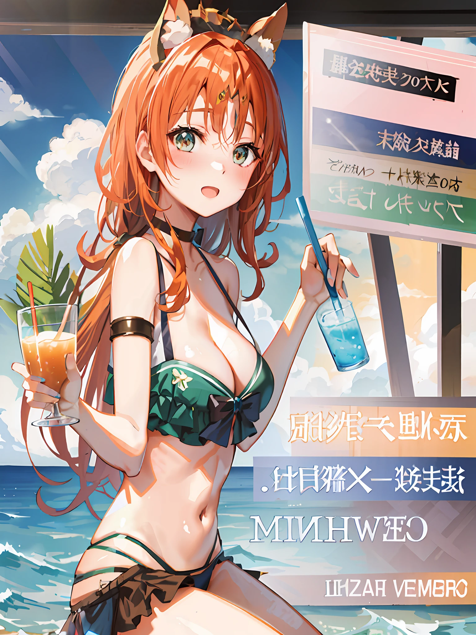 Anime magazine cover with a woman in bikini holding a drink, poster for ; Summer, Pisif 3DCG, Marin Kitagawa fanart, Also, rei hiroe, Guviz, Mihoyo art style, author：Kentaro Miura, swimsuit, Kantai collection style, mikudayo, New Xiangcheng, Pisif