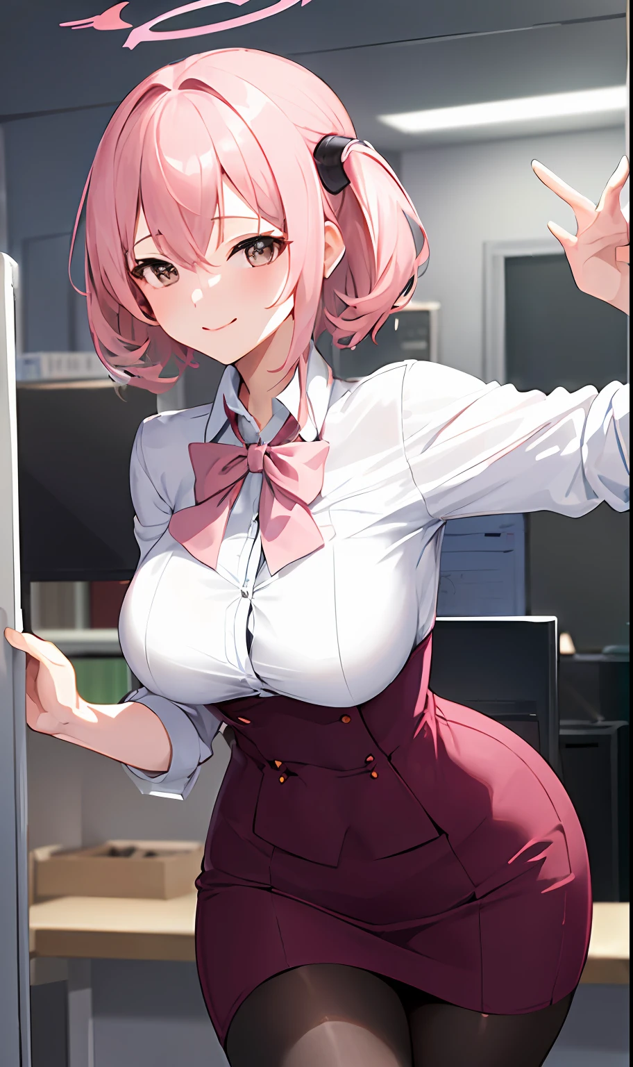 ((masterpiece, best quality)), (1girl),((mature female)), lightpink hair, halo, horn, ((office lady )),bangs,middle breast,(busty),slim,smile, [wide hips],office,standing, aru \(blue archive\),