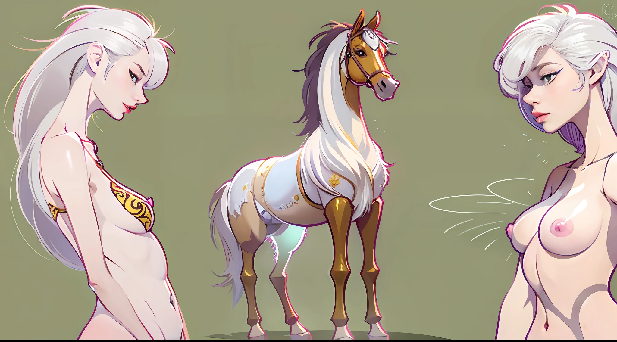 A female centaur，She is famous in the multiverse，She is both a female centaur, half human, half horse, half horse，It is also a female Yingzhao。She blends both images，The first is the head of a horse/neck/Shoulder these parts，After feminization，The upper body transforms into a beautiful female human，Female, half-centaur, half-human, half-horse, half-human，The second is the waist of the horse/hason/gluteal/Legs feminine，Female half-horse with beautiful woman's，Chimer，It's like a female human wearing a half-horse-like costume and making a seamless chimera，This chimerization is based on powerful futuristic technology。The ultra-wide-angle lens captures the image of her sleek and ethereal wings charging and leaping on the ionosphere。Her front half is distinctly feminine，Tall sexy body，Has K cup teardrop-shaped giant tit chest，It has a small man's waist butterfly spanning long legs，The half-horse part of the hind body，Embedded interface in the front half of the body hip position。The back half of her body is horse-shaped，Half-horse torso，The morphology is completely female and humanized，Start at the upper end of the sternum，Embedded in the lower back position of the beauty body，Sexy bent dog style shaped chest/lower back/Ventral transverse，Then there are the sexy beauty's upright hips，Her entire body has been completely feminized，Including the half-horse part，Mechanized armor covers the knee-shaped anti-joints and feet，And these parts are highly anthropomorphic，This gives her legs a graceful and slender line，She has four slender legs like a supermodel，Under the legs are skinny white feet dressed in Skyscraper Heels，Use Midjourney's advanced stroke tools and color palettes, as well as texture packs, model packs, and texture tools，Concentration，Femaleize all parts of her original equine physiologic appearance，And give these parts an ergonomic appearance，Fine treatment of the thoracic and abdominal cavity of the posterior body，As well as hips and legs，Tightly connected details