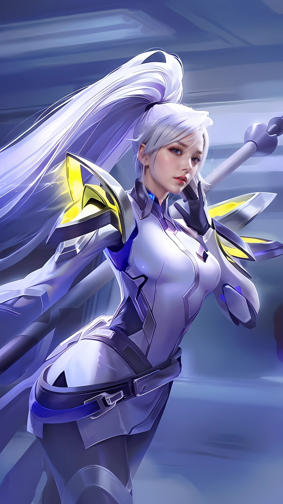 a close up of a woman with long hair and a sword, ashe, portrait knights of zodiac girl, irelia, knights of zodiac girl, extremely detailed artgerm, with sleek silver armor, armor girl, perfect android girl, ig model | artgerm, biblical female android, irelia from league of legends, in white futuristic armor detailed,armor Detailed,hair Detailed,silver hair detailed,face detailed,