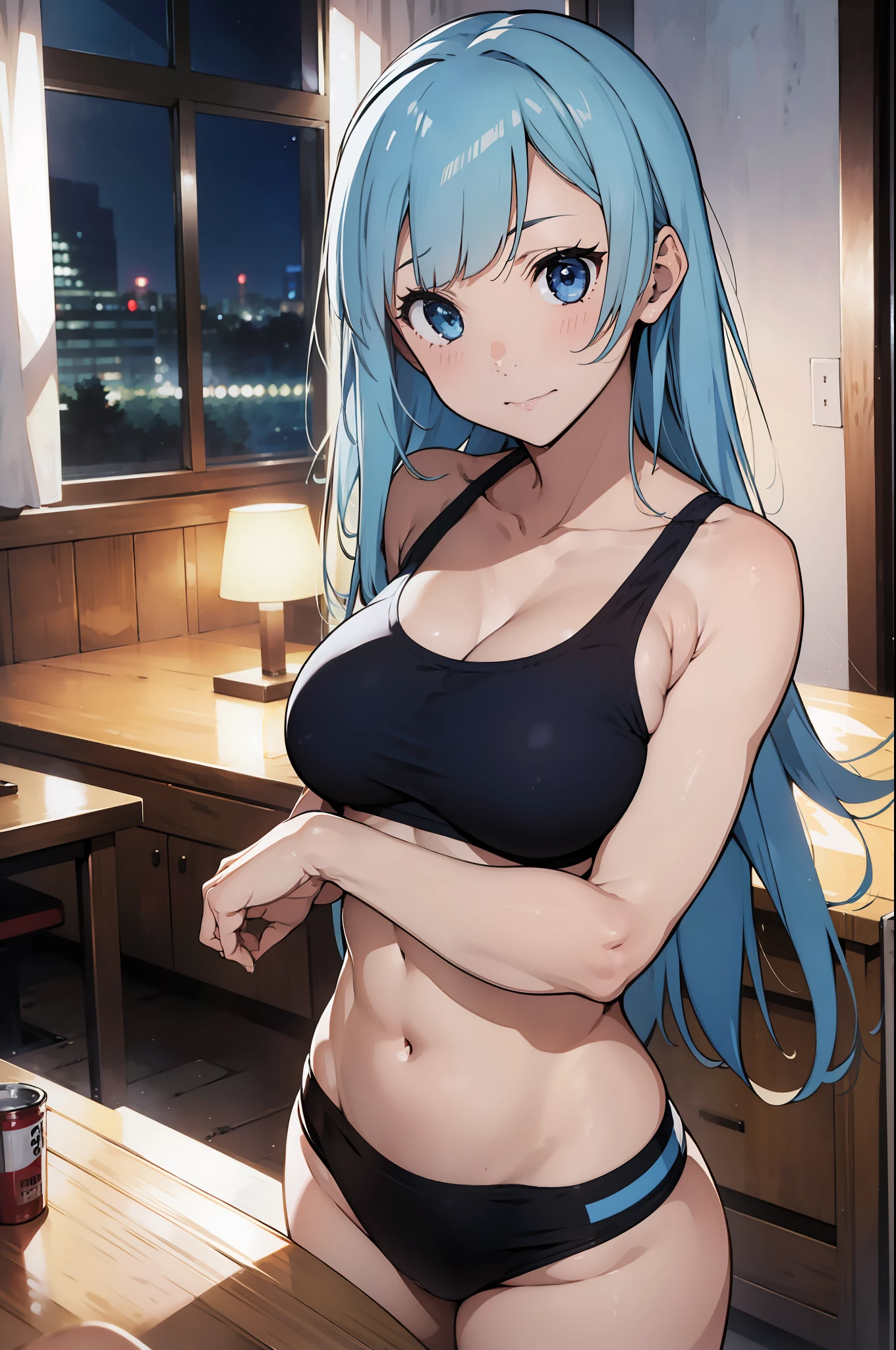 masterpiece, best qualiy, extremely detailed, 1girl,digital art, embarassed, (miwakasumi), sport clothes, standing,sensual,defined abdomen, bra, no_shirt, BREAK exposed abdomen, blunt_bangs, light_blue_hair, long hair, puffy, night, sensual, lewd, lascive, defined curves, BREAK living room, cozy, night, modern, perfect face, expressive eyes, exposed skin