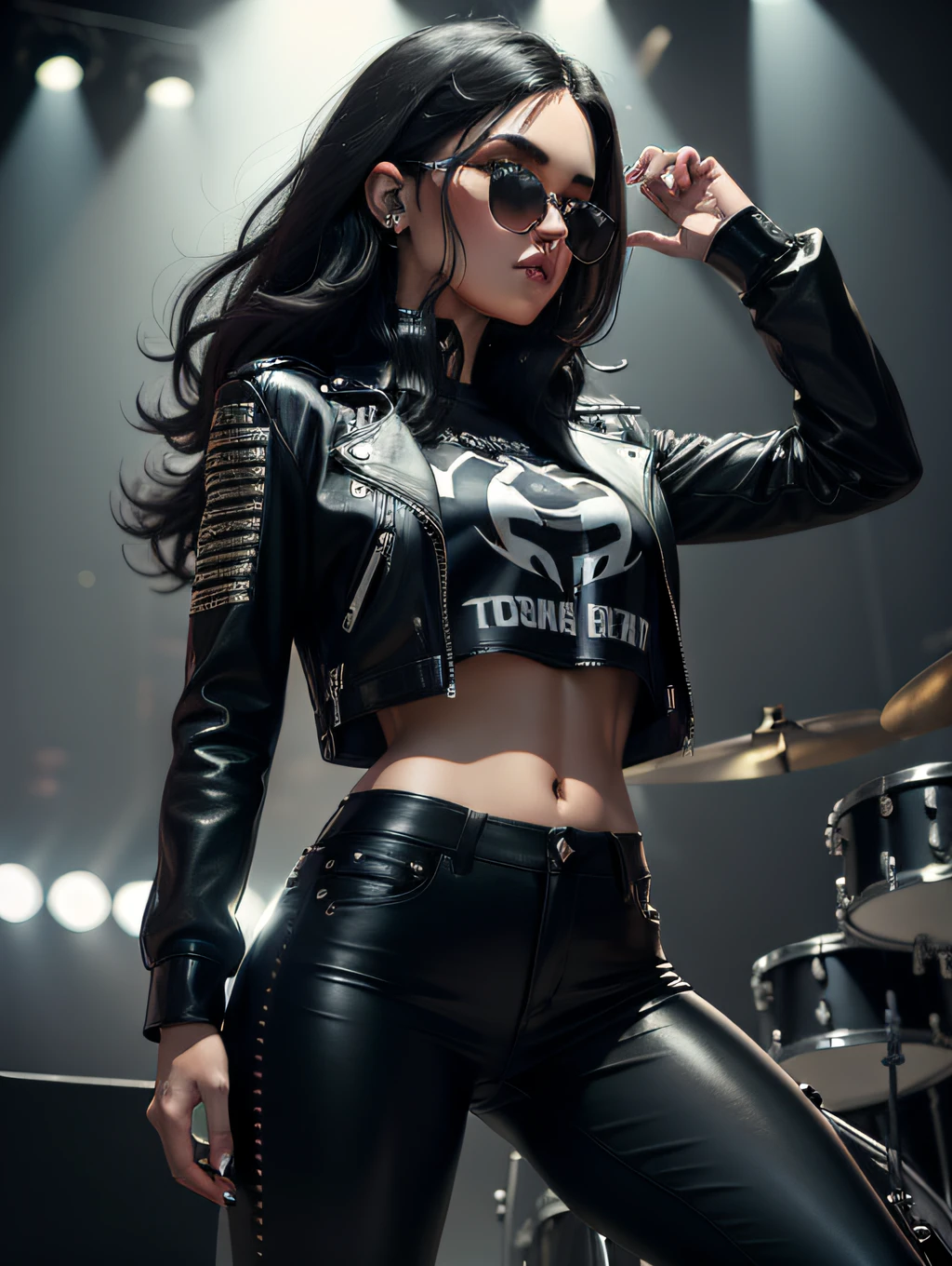 mulher vestida de rockeira, com blusa preta de couro, Black leather pants, com cabelo curto preto com mechas roxas, tocando bateria em palco de show de rock