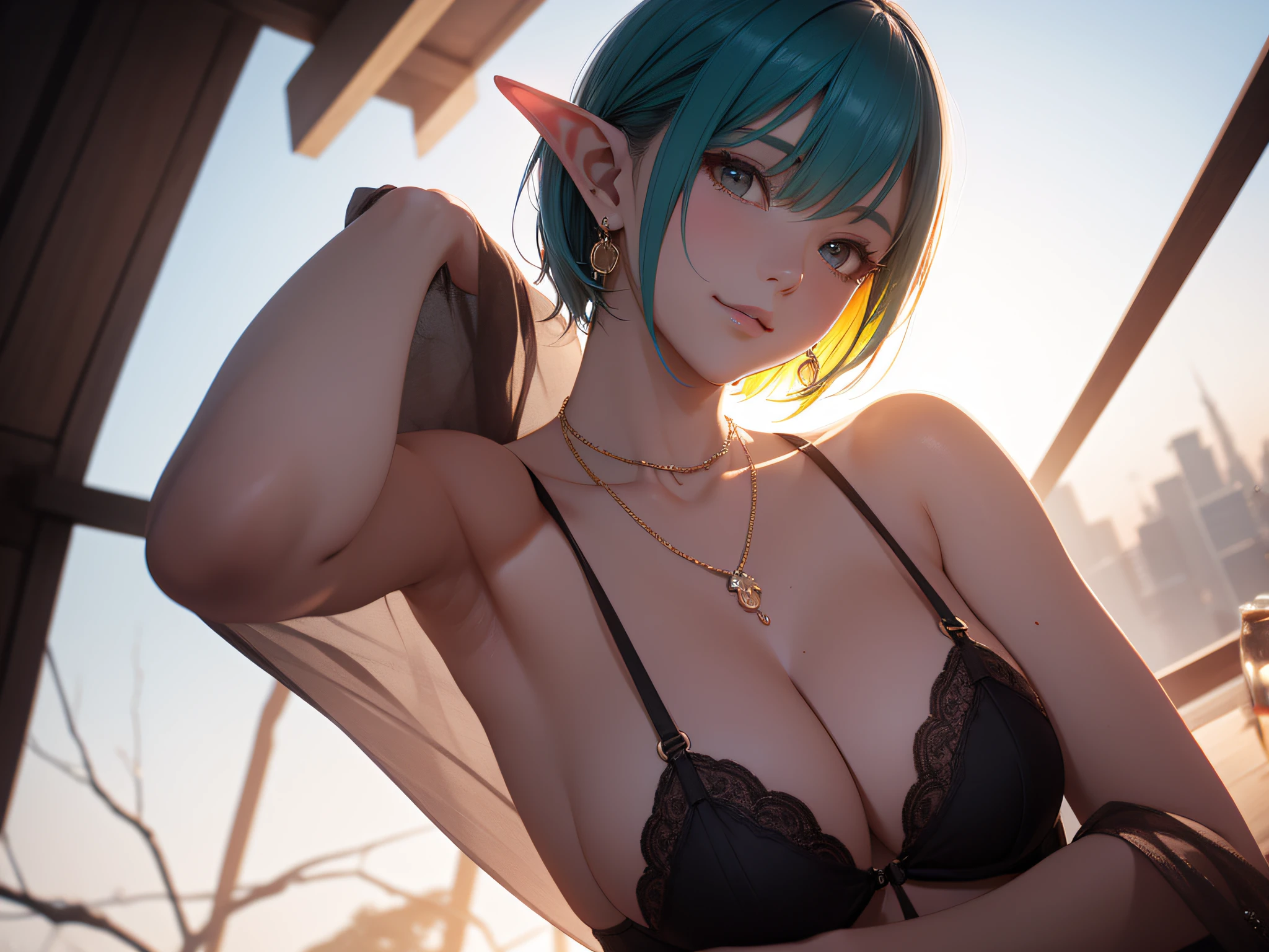 A cute elf girl，short detailed hair，Exquisite Hair，colored inner hair，Pick and dye your hair，Colorful hair，With Ultra HD details，Professional lighting and lighting。Delicate, tall and sexy，Stockings，Delicate earrings，Delicate necklace，Light breeze，Brighter scenes，More refined facial features，eyes with brightness，Light smile，anaglyph，tachi-e，Atmospheric perspective，High detail backlight，Chiaroscuro，full bloom，Ray trajectories，Perspective top-down，super detailing、acurate、best qualityer、Textured epidermis、Anatomically correct