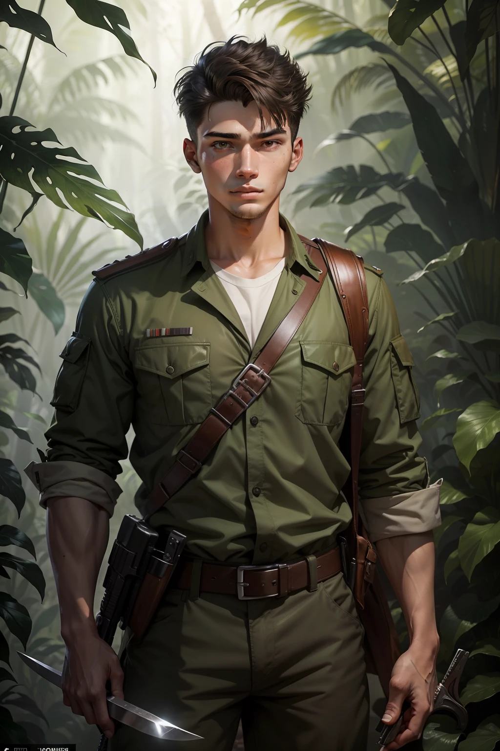 In the jungle, A handsome 20-year-old man stands with a knife in his hand，Behind him are countless corpses of the enemy