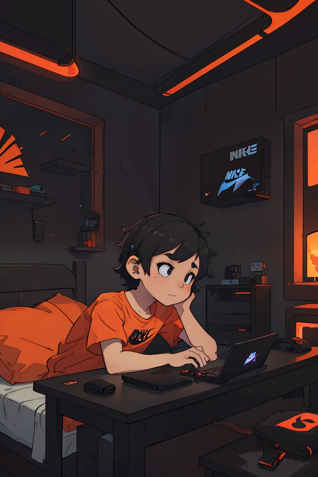 night, room, little brownish guy using gaming keyboard, wearing rgb headphone, gaming laptop, rgb mouse, clear face, orange nike tshirt, black nike shorts, black table with rgb, little light, aesthetic, ultra quality, chill environment, good ambience, little messy rough black hair (short on the side), bed