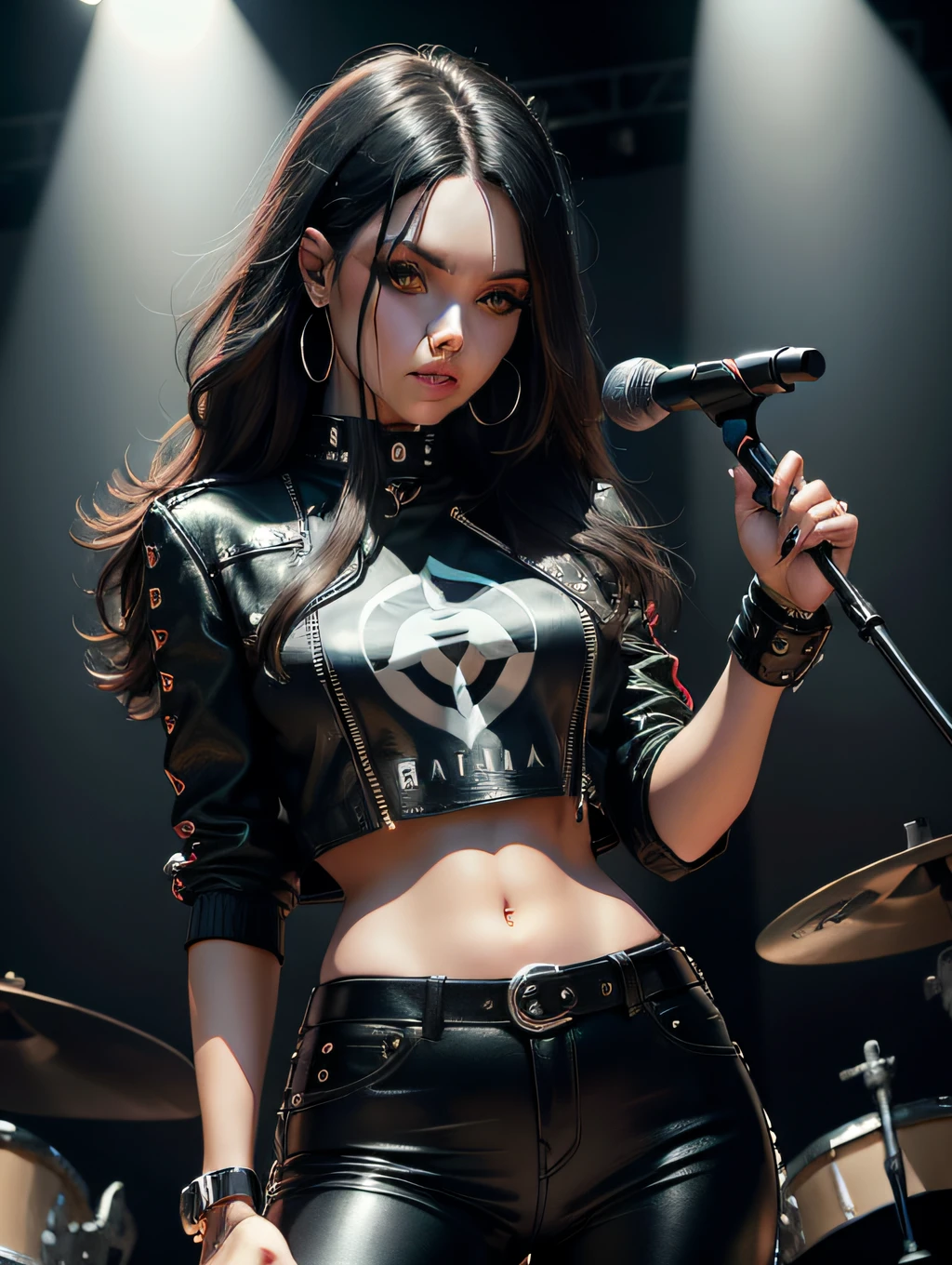 mulher vestida de rockeira, com blusa preta de couro, Black leather pants, com cabelo curto preto com mechas roxas, tocando bateria em palco de show de rock