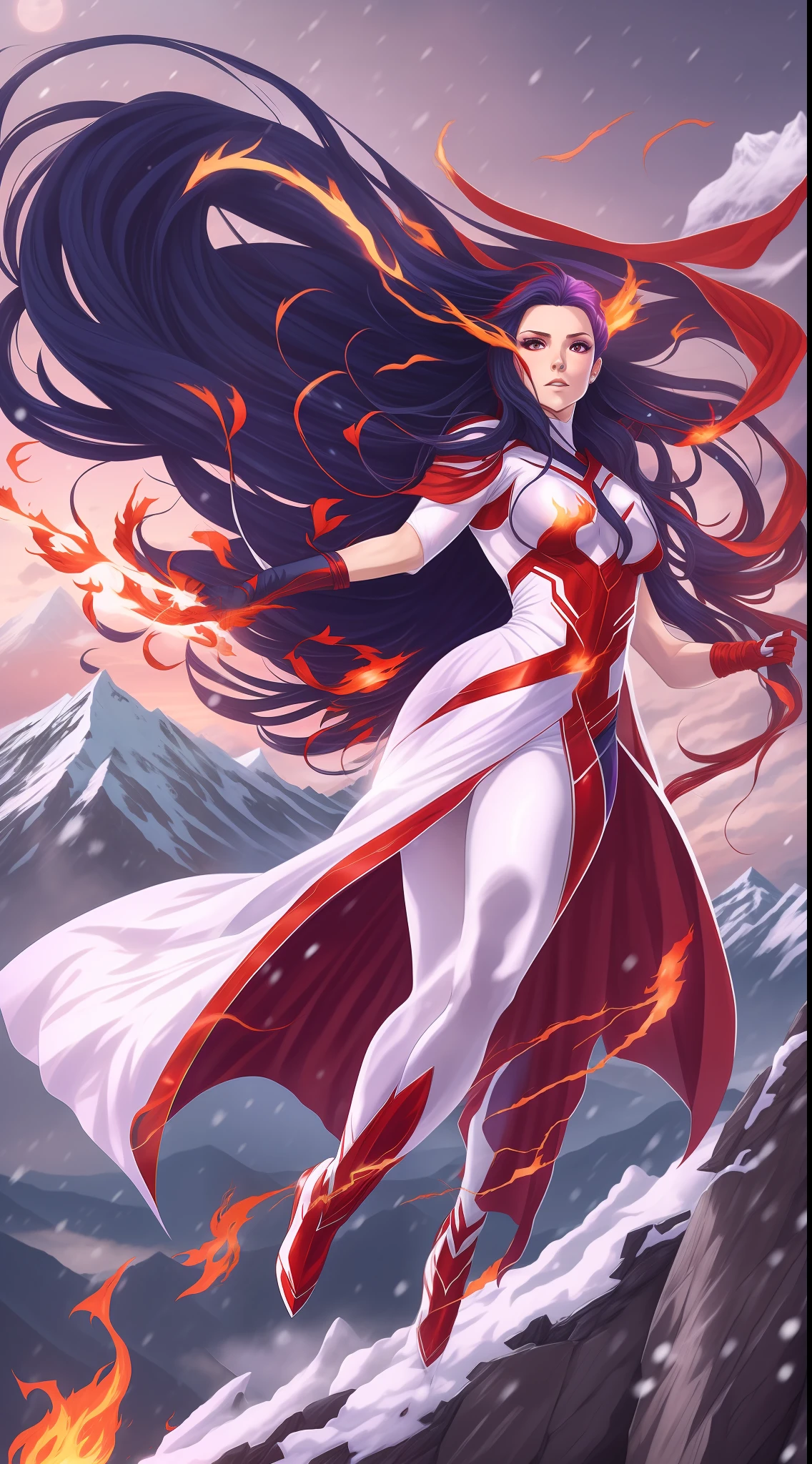 Scarlet Witch and Hinata Hyūga Fusion, Sexy Body, Long Navy Blue Hair with Flying Red Hair, Full Body, White Costume with Red Ninja Dress, Flying, White Eyes, Powers flaming powers purple skulls in hands, mountain background, Snow flying in the background