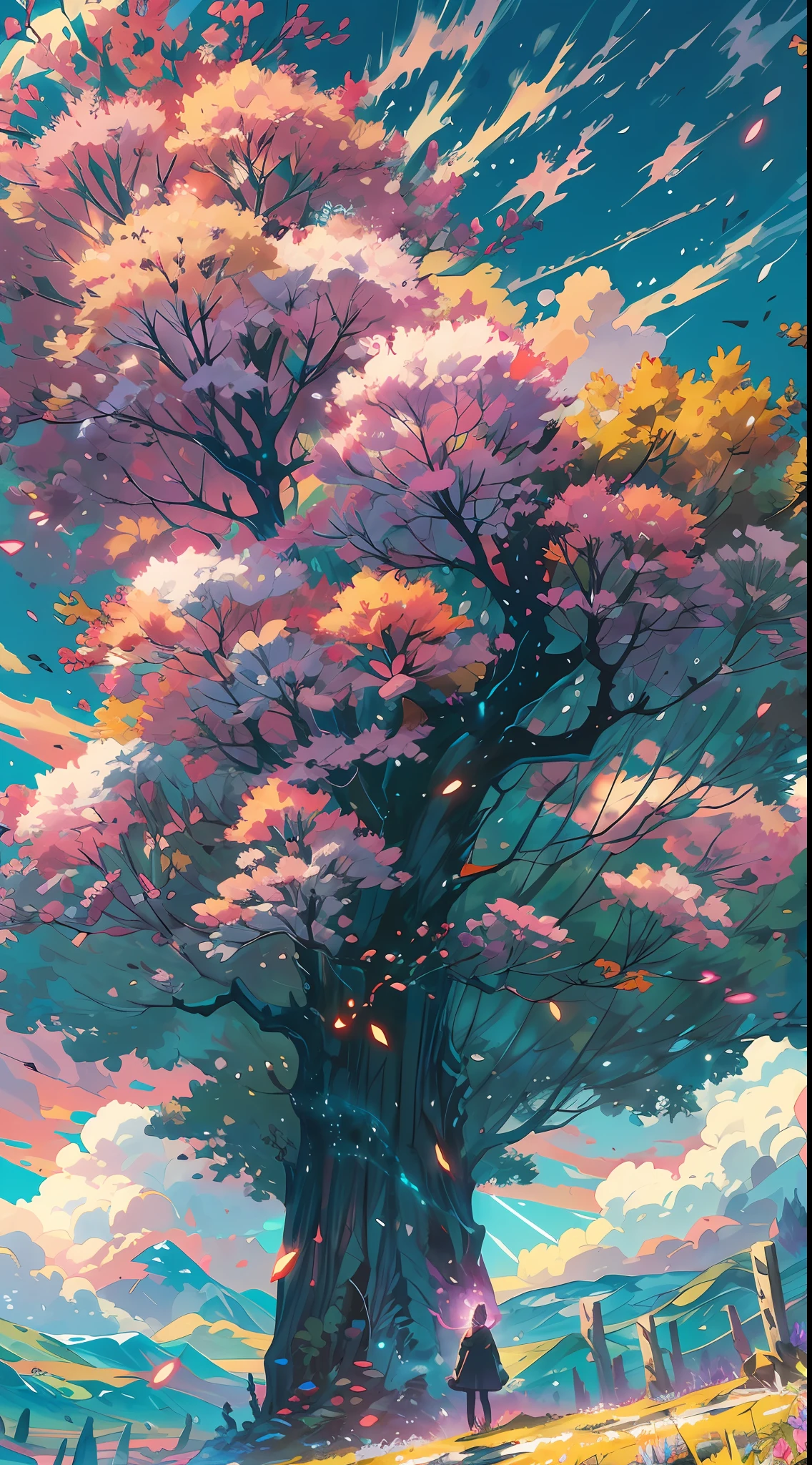 A wide landscape photo, (viewed from below, the sky is above, and the open field is below), an anime girl sitting on colorful flowers field looking up, (full moon: 1.2), (meteor: 0.9), (nebula: 1.3), distant mountains , shooting stars, Trees BREAK Crafting Art, (Warm Light: 1.2), (Firefly: 1.2), Lights, Lots of Purple and Orange, Intricate Details, colorful palette,Volumetric Lighting BREAK (Masterpiece: 1.2), (Best Quality), 4k, Ultra Detailed, (Dynamic Composition: 1.4), Rich in Detail and Color, (Rainbow Color: 1.2), (Glow, Atmospheric Lighting), Dreamy, Magical, (Solo: 1.2)