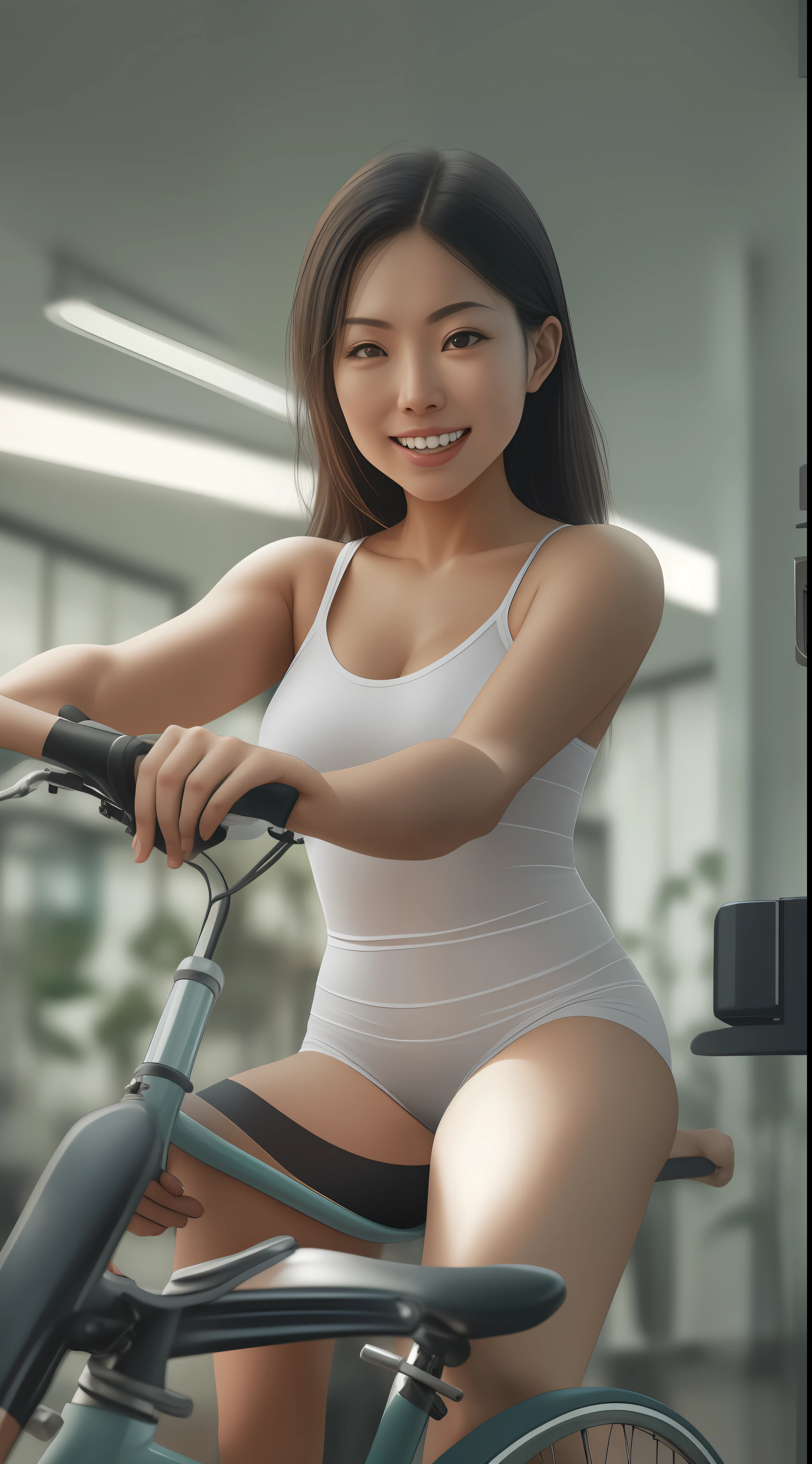 Mujer en hilo dental, Asian, manejando bicicleta, toma de frente, braless, hermosos pezones, pechos medianos, culo mediano, tonificado, perfecto, blanca, sudada muy sudada, braga rota, cuerpo entero, cinematography lighting, 8k hdr, png, by day.