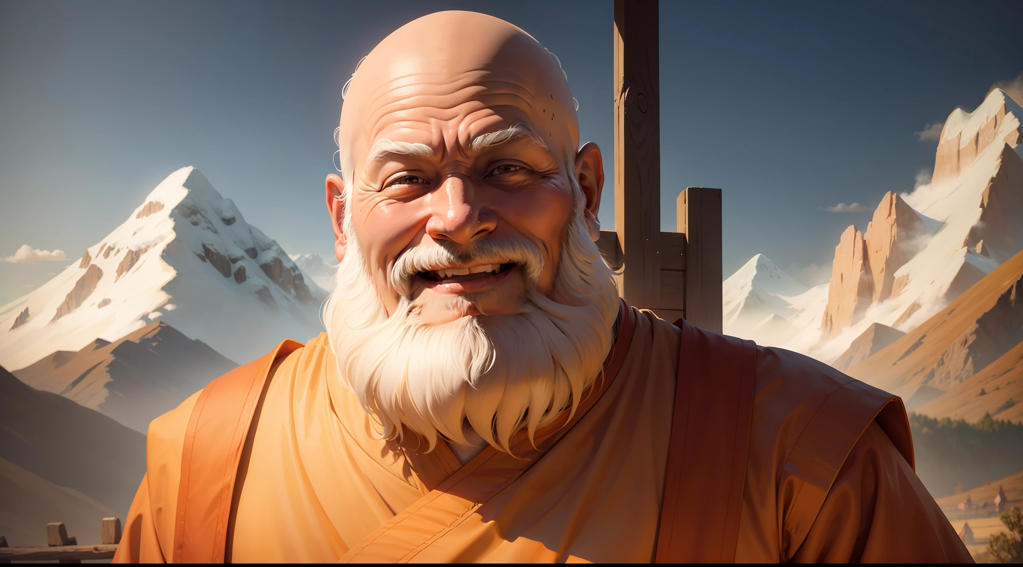 Image shows an old monk, with white beard, wearing long orange clothes, traditional dress of Sholin Buddhist monks, with expression of joy on his face and smiling at the image, In the background of the image, mountains disappearing in the eyes, the image should be highly realistic and cinematic quality, with attention to detail in lighting, materials and composition.