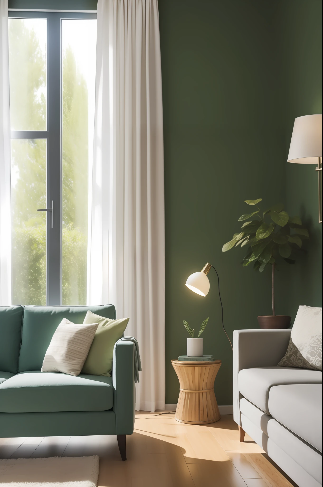 Lamp on a spacious table next to the sofa，frontage，Bright surroundings，Detailed details，Sunlight pours into the windows from the side，Cold dead style，More textured，Realiy，the detail，Textures are more realistic，Realphotos，green plant