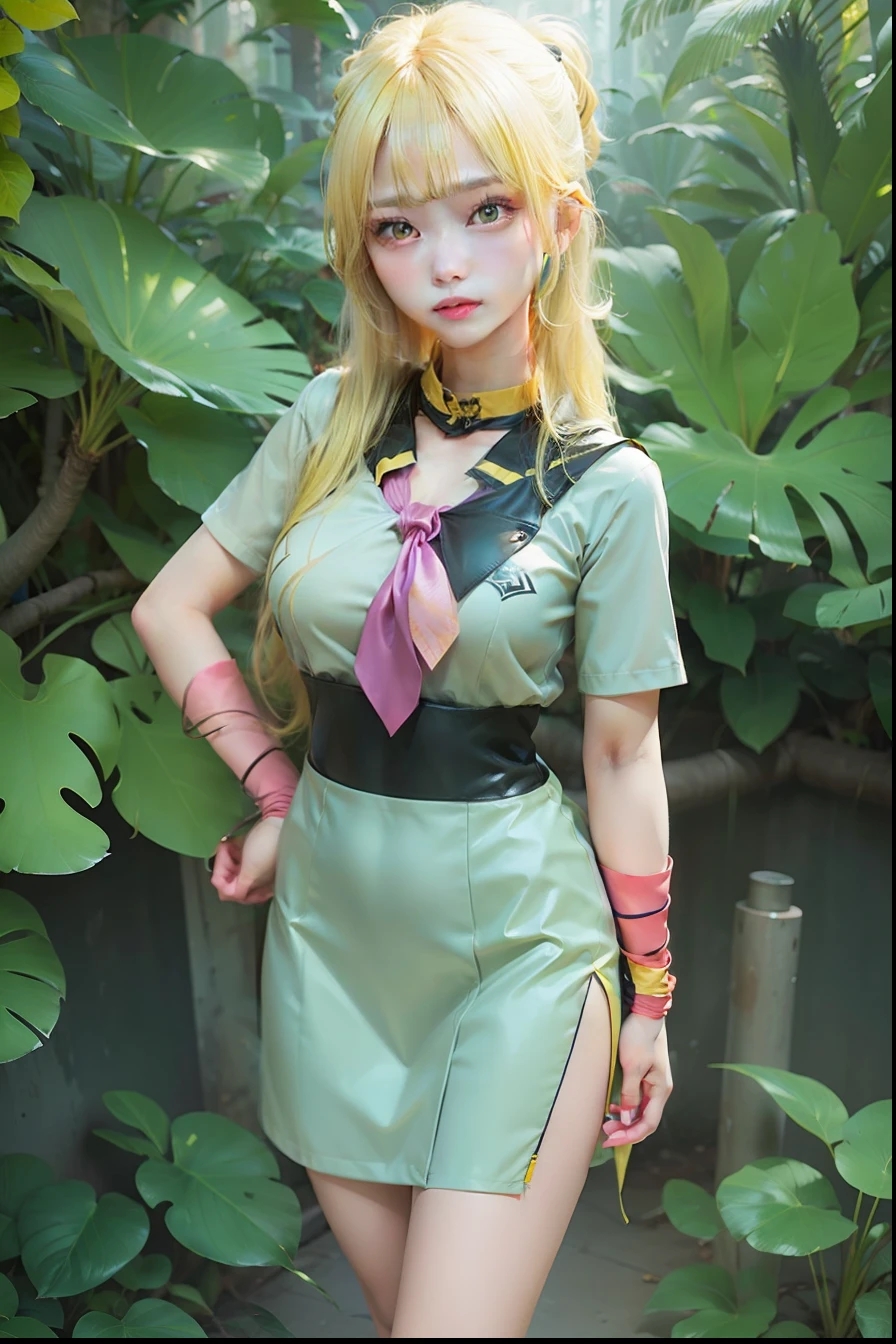 1girl, taunade, yellow hair, long hair, yellow eyes, gray clothes, big breasts, jungle background, realistic, ultra detail