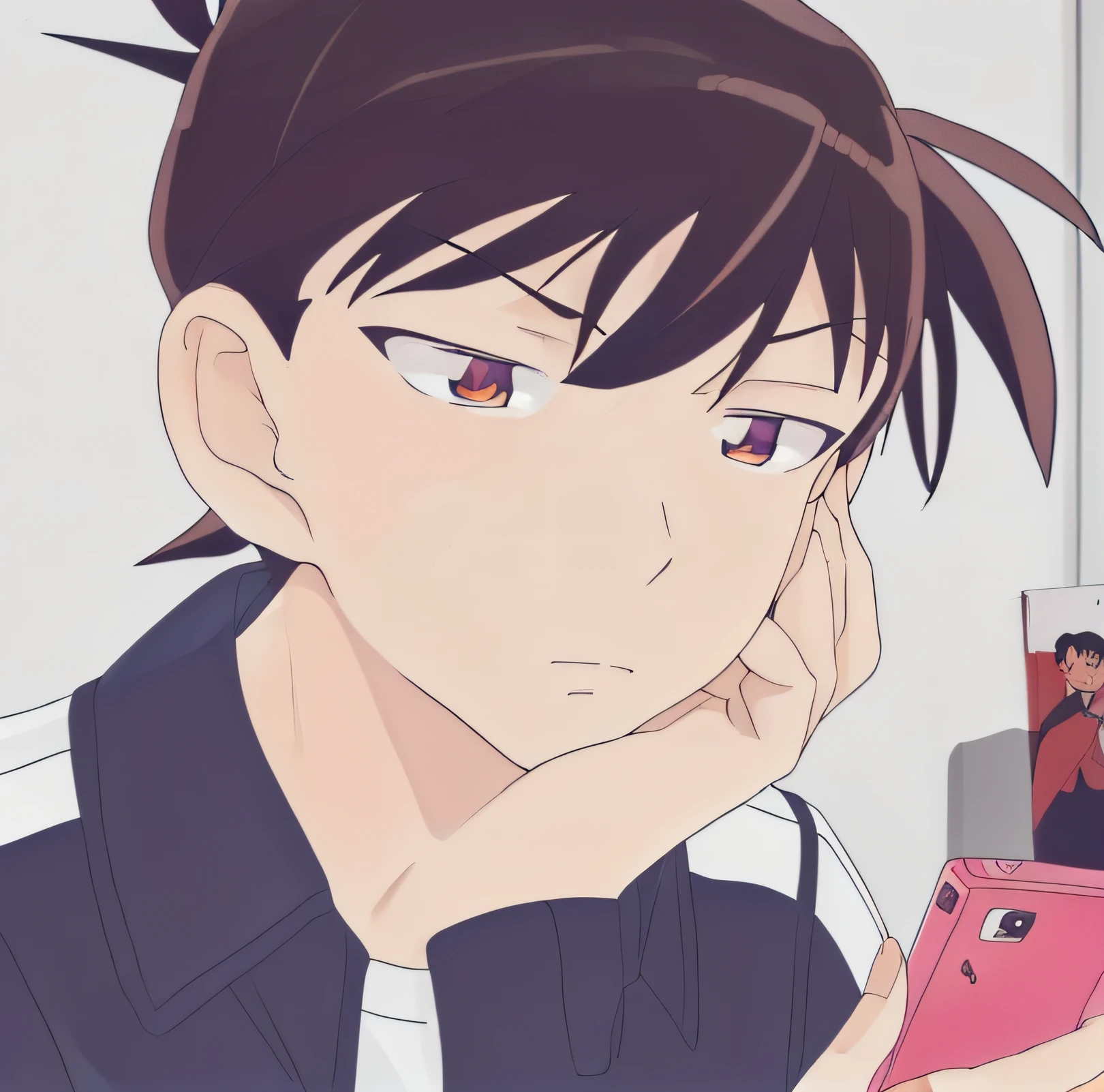 Anime boy looking at camera，Mobile phone in hand, shinji, looking at his phone, cel shaded anime, In the anime, shinichi sakamoto, Shinji Ikari, yukio - e, shuushuu anime image, as an anime character, Today's featured anime stills, still from tv anime，Super clear，8K，Fine eyes and face