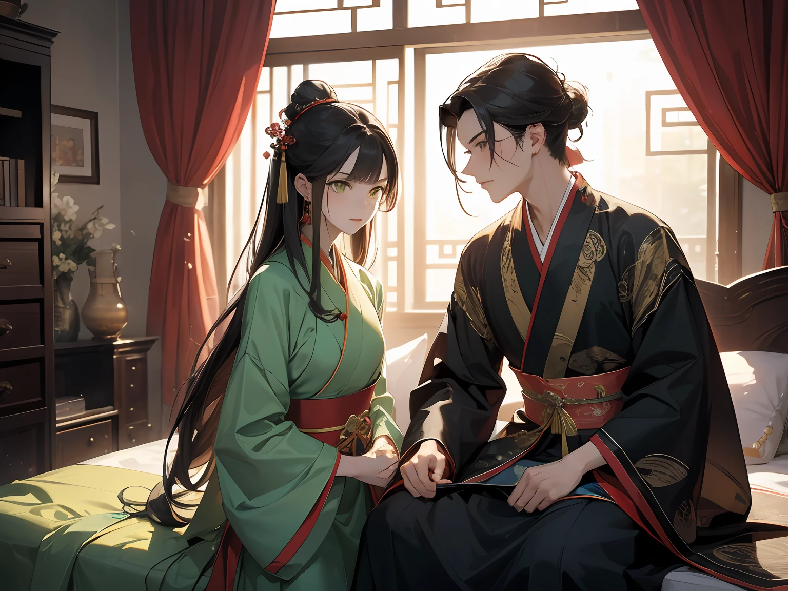 tmasterpiece，Ultra-clear image quality，2guys，1 man，20yr old，brunette color hair，Yellow dark pattern Hanfu，Sitting on the bedside，1 woman，16 yaers old，Long black hair fluttering，Green eyes，ssmile，Light green gorgeous Hanfu，Look up at the perspective，Sitting on the bedside，Background with:Ancient Chinese room