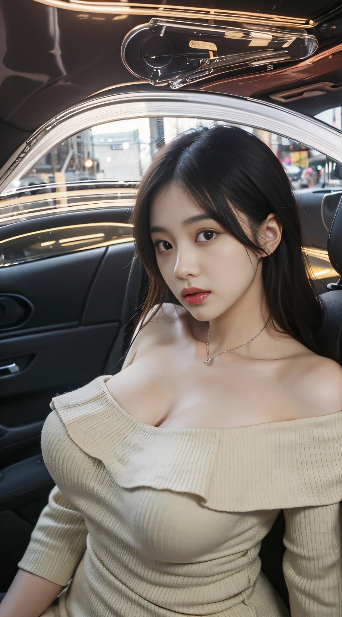 Arapei woman in car, sexy, light dress, tight dress, off-the-shoulder, 2 , thicc, she is about 26 years old, height 170 cm, Korean, delicate face, realistic, Japanese goddess, pale yellow light, very large breasts