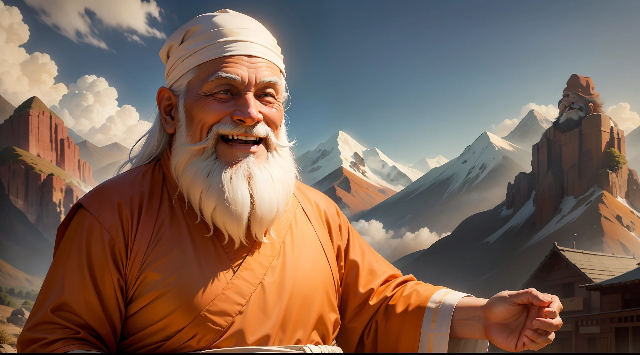 Image shows an old monk, with white beard, wearing long orange clothes, traditional dress of Sholin Buddhist monks, with expression of joy on his face and smiling at the image, In the background of the image, mountains disappearing in the eyes, the image should be highly realistic and cinematic quality, with attention to detail in lighting, materials and composition.