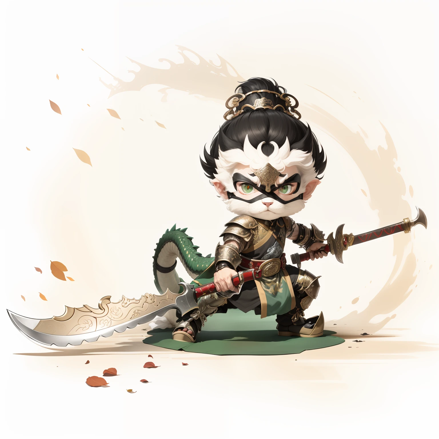 male people,Male characters,tchibi,Bad,Green Dragon Moon Knife,Big knife weapons,The handle has a delicate pattern,Shoulder blades,metal breastplate,chainmail,Animal pattern cuirass,chest plate,Bracers,Flowing hem,China-style,Chinese-style clothing,Chinese shoes,There are beautiful patterns on the weapon grips,Refinement,Fine painting,Refinement,infinite details,high definition detail,Delicate belt,Belt accessories,Male characters,Blindfolds,Black color hair,Patterned,Pattern,Blank background,Bright colors,Metal edging