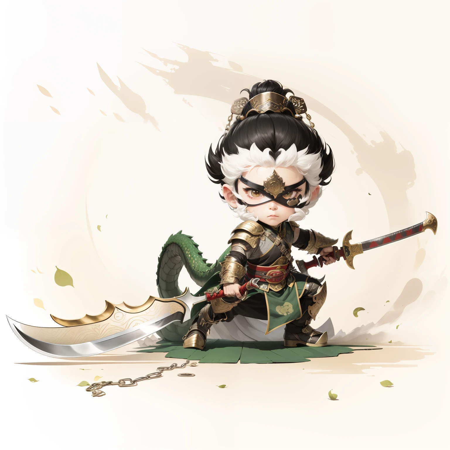 male people,Male characters,tchibi,Bad,Green Dragon Moon Knife,Big knife weapons,The handle has a delicate pattern,Shoulder blades,metal breastplate,chainmail,Animal pattern cuirass,chest plate,Bracers,Flowing hem,China-style,Chinese-style clothing,Chinese shoes,There are beautiful patterns on the weapon grips,Refinement,Fine painting,Refinement,infinite details,high definition detail,Delicate belt,Belt accessories,Male characters,Blindfolds,Black color hair,Patterned,Pattern,Blank background,Bright colors,Metal edging
