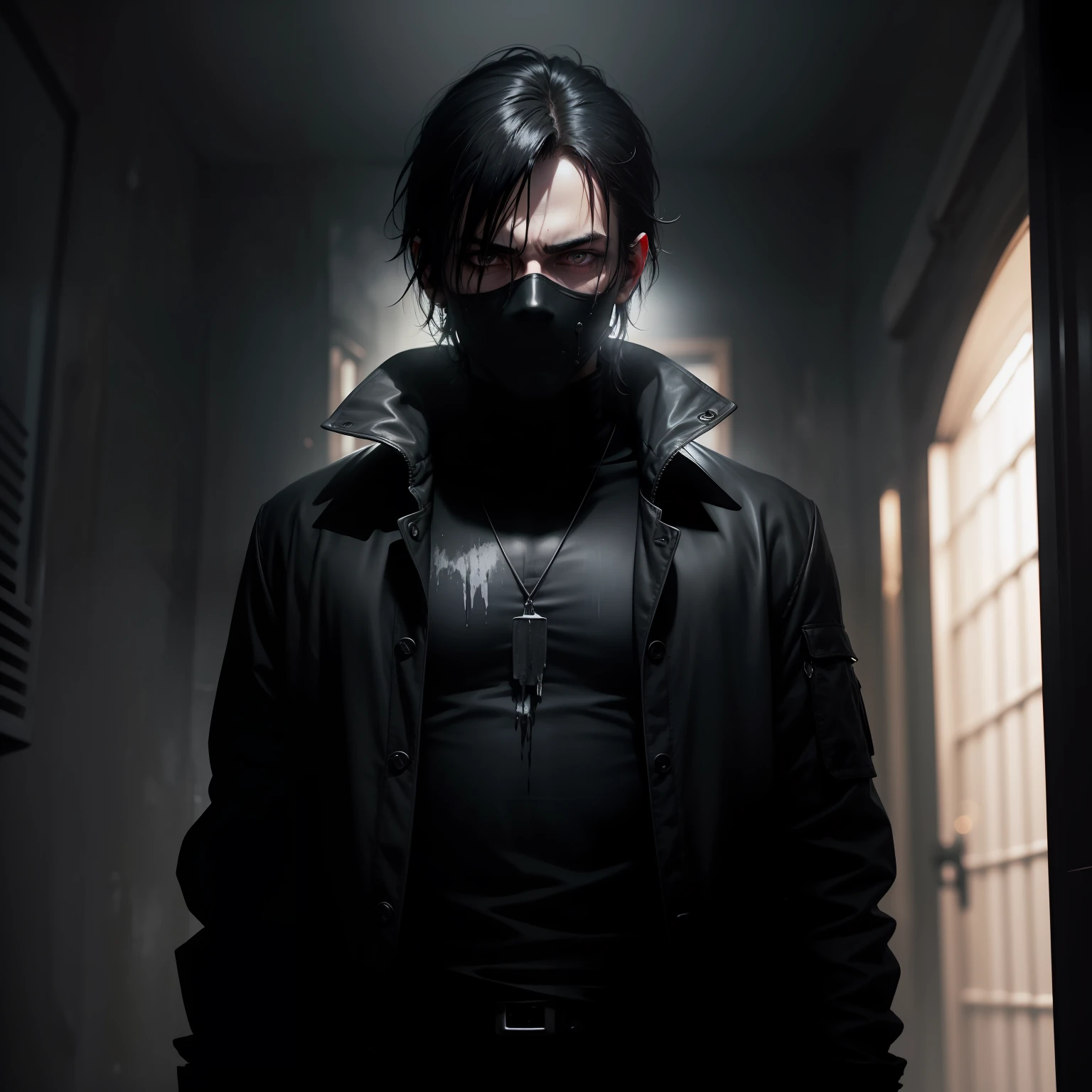 Dark style，Breath of death，Man standing in the dark，Shadows obscure the face，Eyes that emit a cold light，Clothes stained with blood