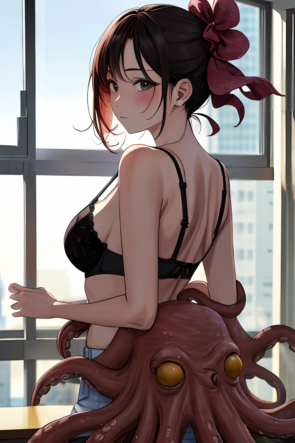 an octopus, 1girll, a mature female, sface focus, Cute bra, Bow knot, best qualtiy, employment, 详细的脸, office room, buildings from window, detailed back ground, Diffused sunlight, depth of fields, bokeh