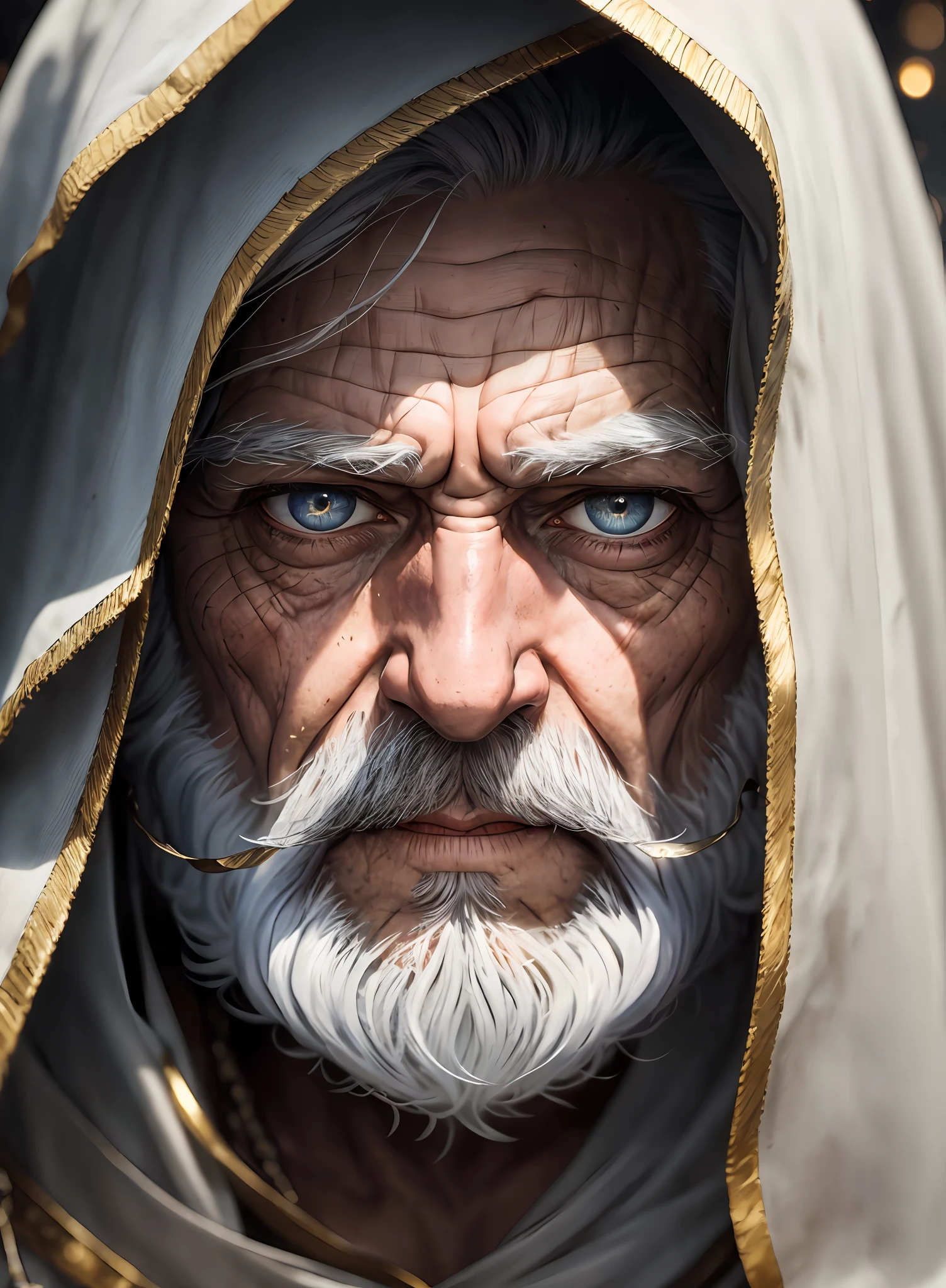 An epic close up portrait of elderly intense sinister eyes, and nose with long white beard, framed with a faded ancient tattered white linen hood, reflecting gold sparks in the irises of the eyes, white eyebrows, at night, dramatic lighting, high contrast, highest definition, hyperrealism, hyperrealistic, photorealistic, high resolution, hdr photography, 8k