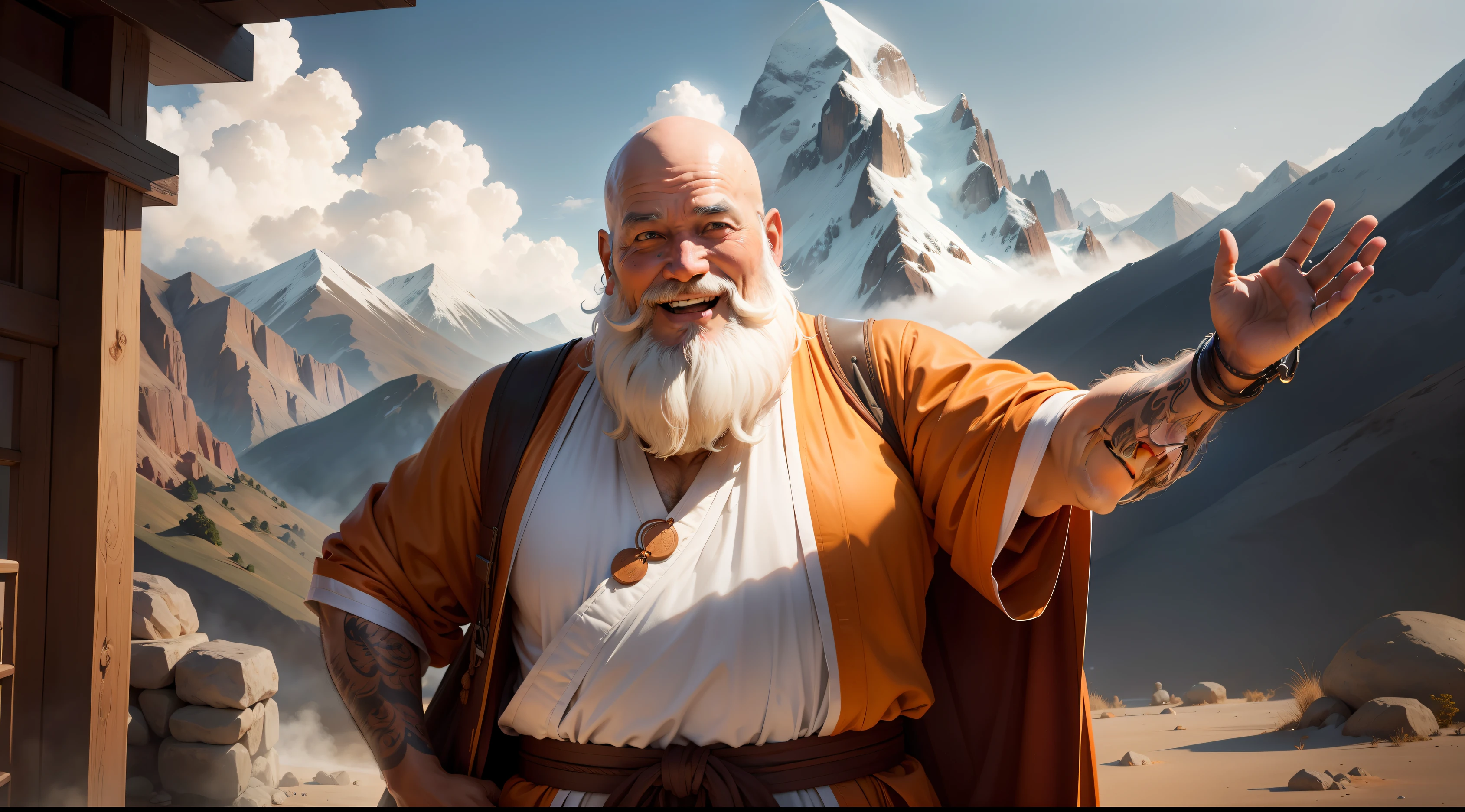 Image shows an old monk, with white beard, wearing long orange clothes, traditional dress of Sholin Buddhist monks, with expression of joy on his face and smiling at the image, In the background of the image, mountains disappearing in the eyes, the image should be highly realistic and cinematic quality, with attention to detail in the face, especially the eyes, nose and mouth, attention to detail in the body, in lighting, materials and composition.