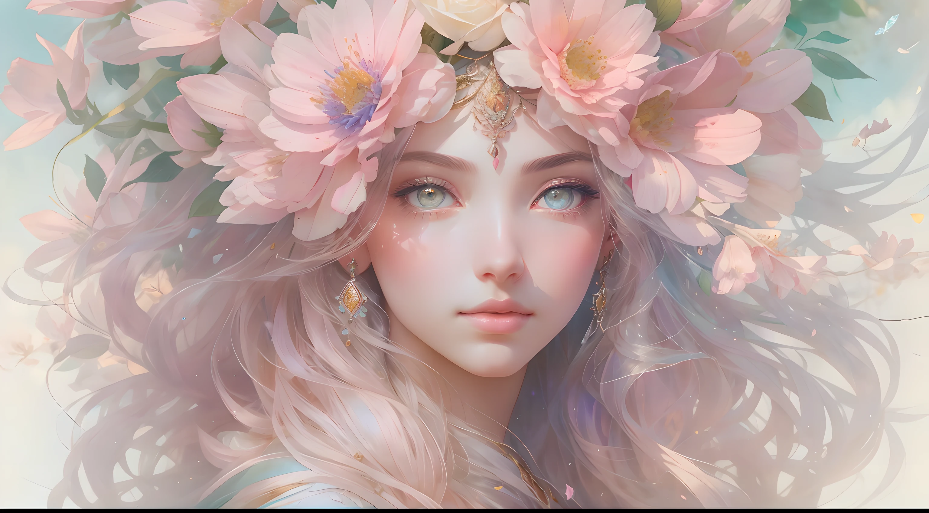 This artwork is dreamy and ethereal, with soft pink watercolor hues. Generate a delicate and demure flower maiden with soft, realistic hair dancing in the breeze. Her sweet, realistic face is extremely detailed and has puffy, big lips and stunning, highly realistic eyes. Her eyes are important and should be realistic, highly detailed, and beautiful. The flower maiden is wearing delicate and elegant fabric of silk and satin. She is surrounded by beautiful flowers of varying sizes and colors and flower petals dancing in the wind around her. The background is detailed, wild, and unruly, with wildflowers and wind and pollen creating a dynamic and compelling image. She wears an ornately flowered headdress that enhances her soft beauty. Include a soft watercolor sky. Include fantasy details, enhanced details, iridescence, colorful glittering wind, and pollen. Pay special attention to her face and make sure it is beautifully and realistically detailed. The image should be dreamy and ethereal.8k, intricate, elegant, highly detailed, majestic, digital photography, art by artgerm and ruan jia and greg rutkowski, (masterpiece, finely detailed beautiful eyes: 1.2), hdr, realistic skin texture, ((fantasy00d:1)), rays of light, ornate flowers, dew drops, sunlight, hazy rays of sun, flowergateway style, castle, palace, archway, flowers, growing