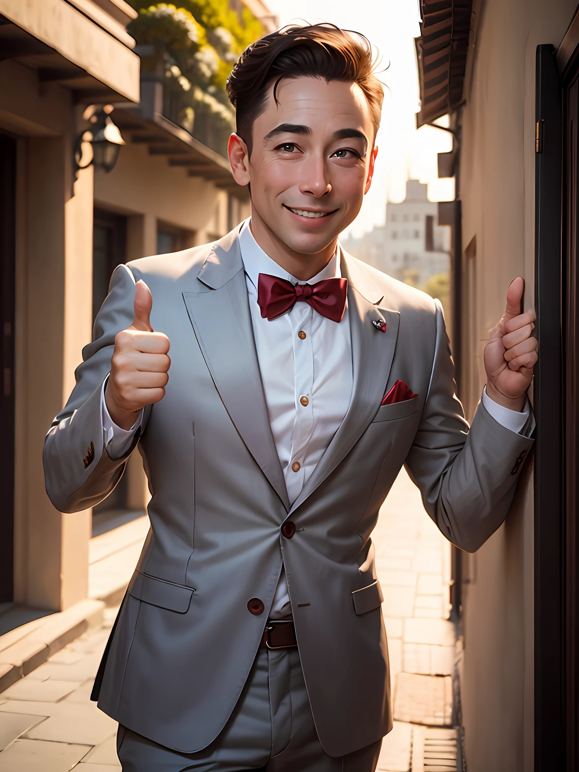 masterpiece, best quality, hires, Pee Wee Herman, smile, looking at viewer, outdoors, thumbs up, soft lighting, 1male, grey tuxedo, red bow tie