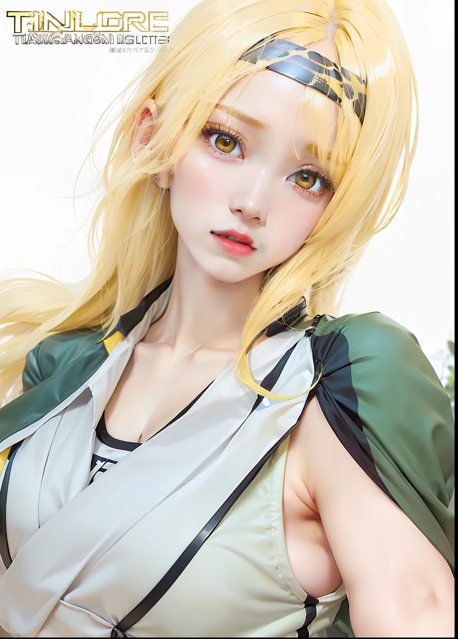 1girl, taunade, yellow hair, long hair, yellow eyes, gray clothes, big breasts, jungle background, realistic, ultra detail