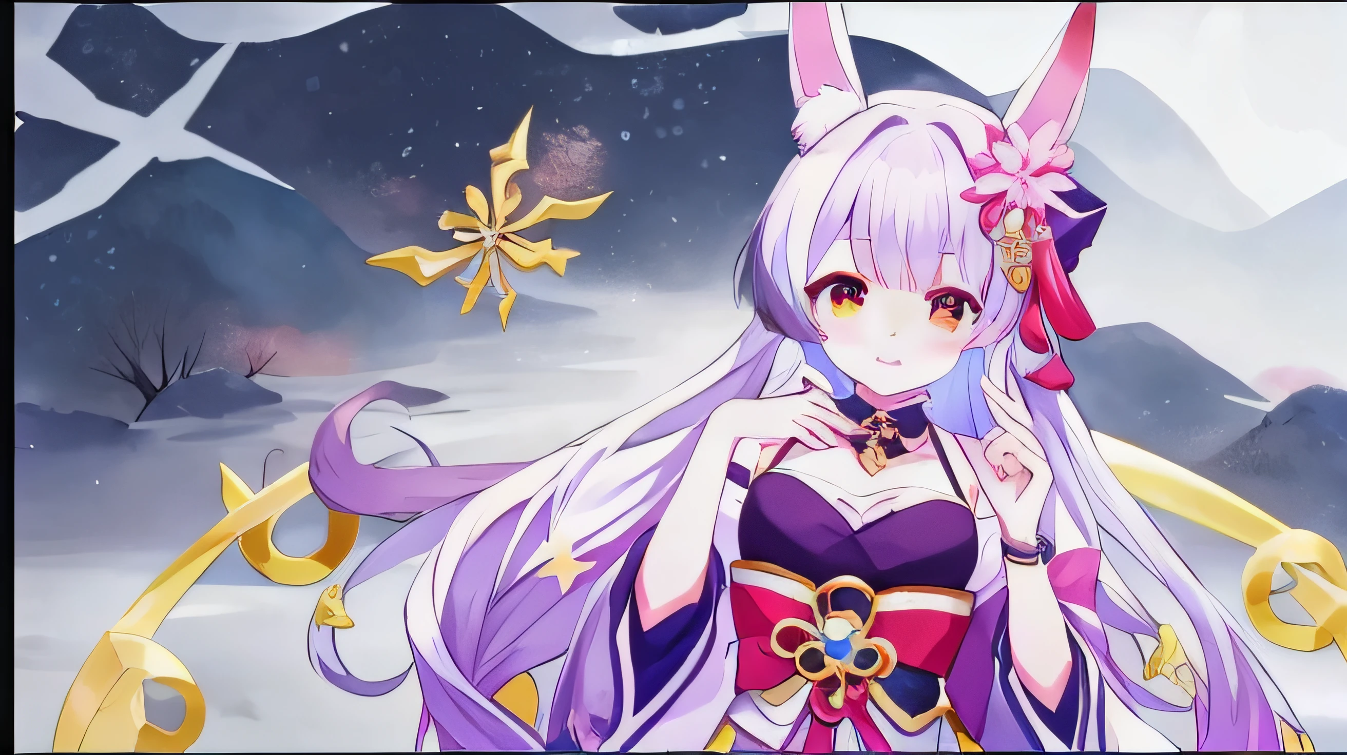 Anime girl in purple dress,Pink bow and gold ring, A scene from the《azur lane》videogame, onmyoji portrait, Ayaka Genshin impact, 《azur lane》role, Keqing from Genshin Impact, azur lane style, zhongli from genshin impact, onmyoji, ayaka game genshin impact, Splash art anime