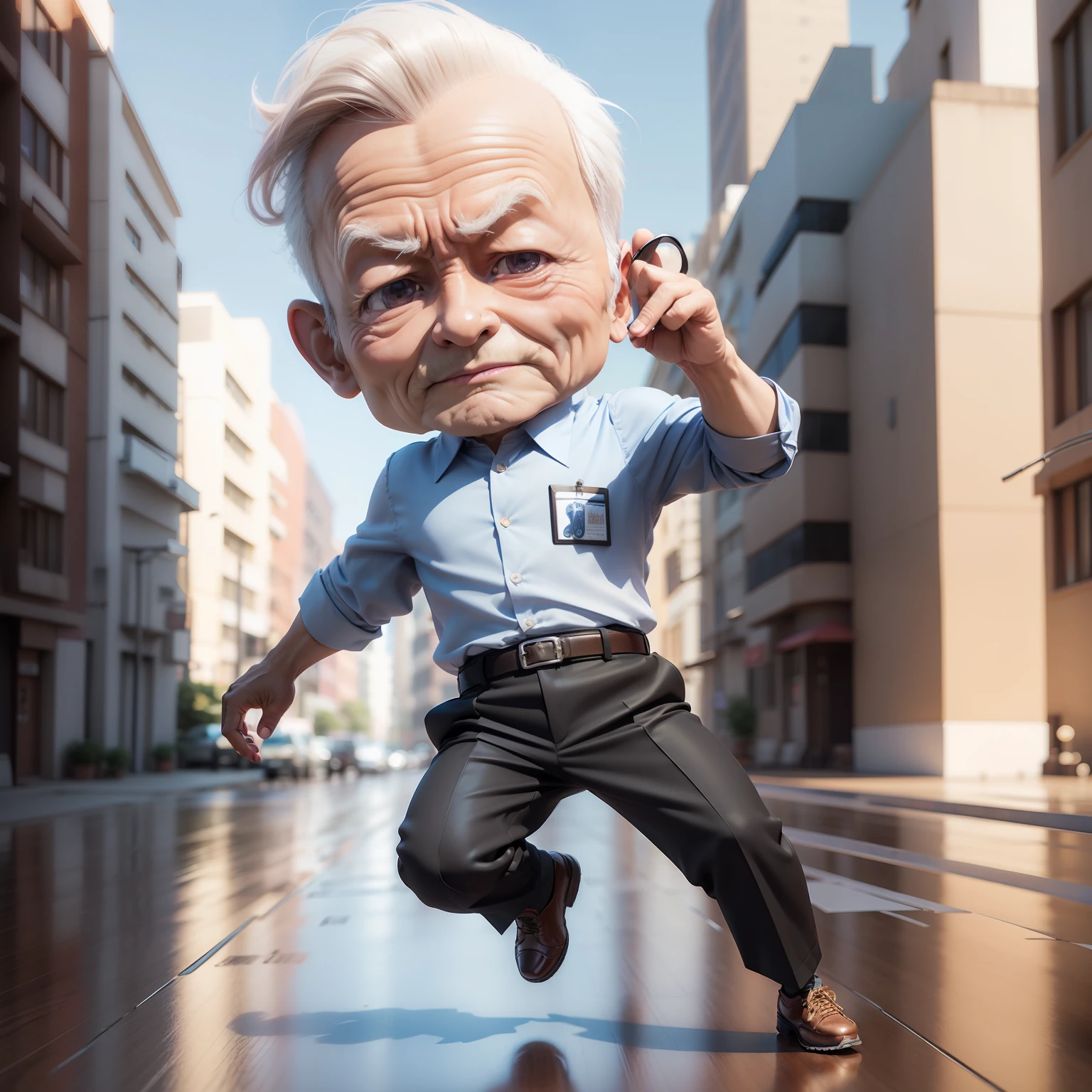 (((chibi 3d))),80 years old man,👴🏻, Cutter shirt,Looping,slacks,Business Shoes,High jump,Hair is thin