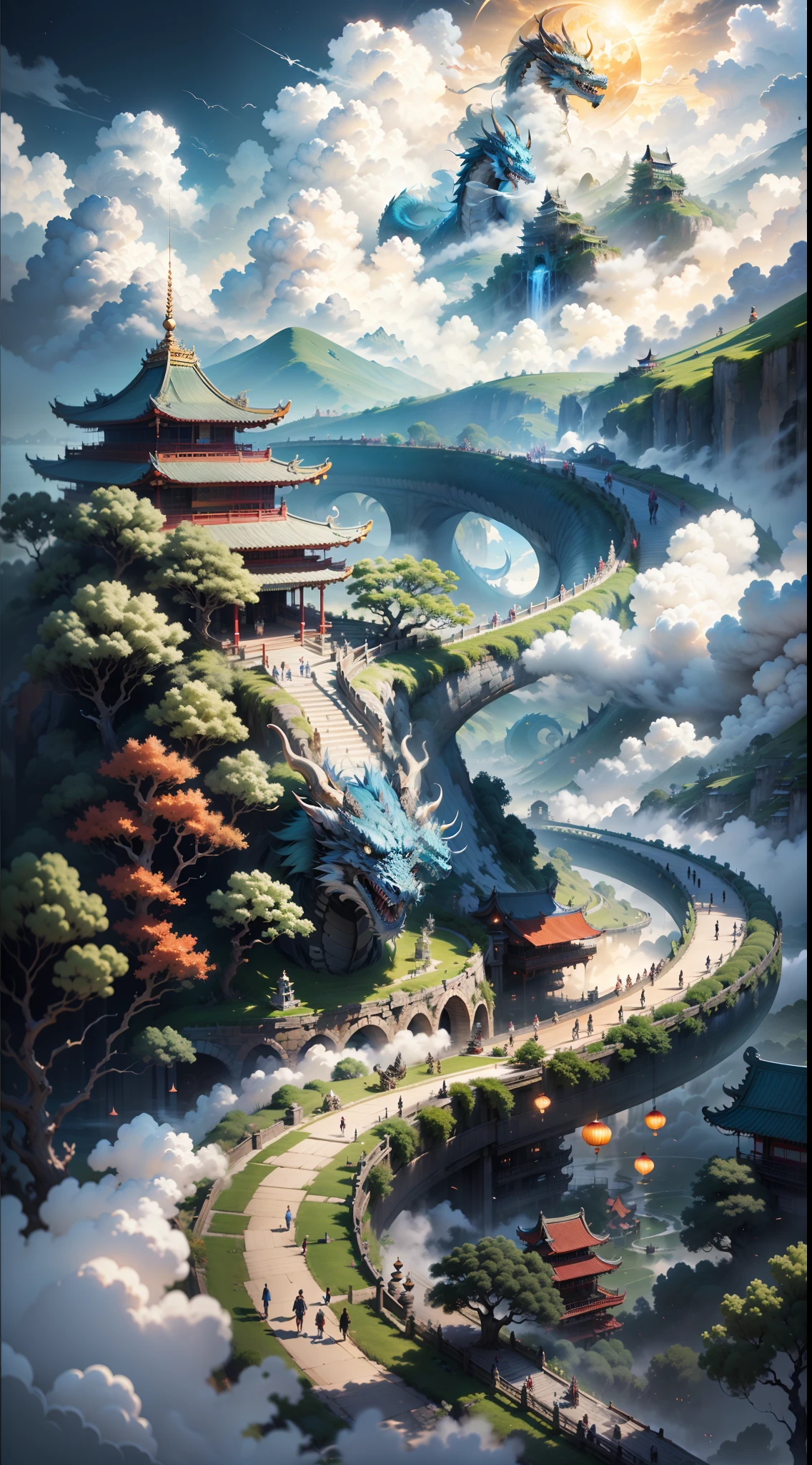 The sun and the moon shine together，Dragons roam in the clouds，The sea of clouds is turbulent，（The waves are skyrocketing），Senzan Island，Exotic beasts，（Pavilions looming in the clouds），（（surrounded by cloud）），（Chinese architecture），high qulity，super-fine，Detailed pubic hair，Accurate，（tmasterpiece），Works of masters，（16K resolution），电影灯光，dynamic viewing angle，