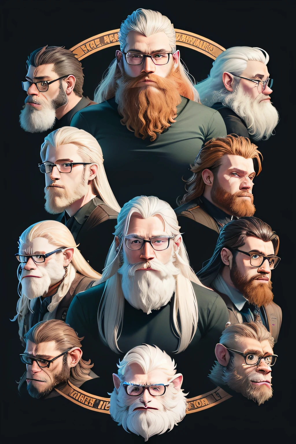 imaginen a team emblem with 6 realistic gamer monkeys, one bearded, one albino, one with glasses, one thin, one with long hair and 1 muscular in the center and 1 with a hanging puppy, 4k, 3D --v 4