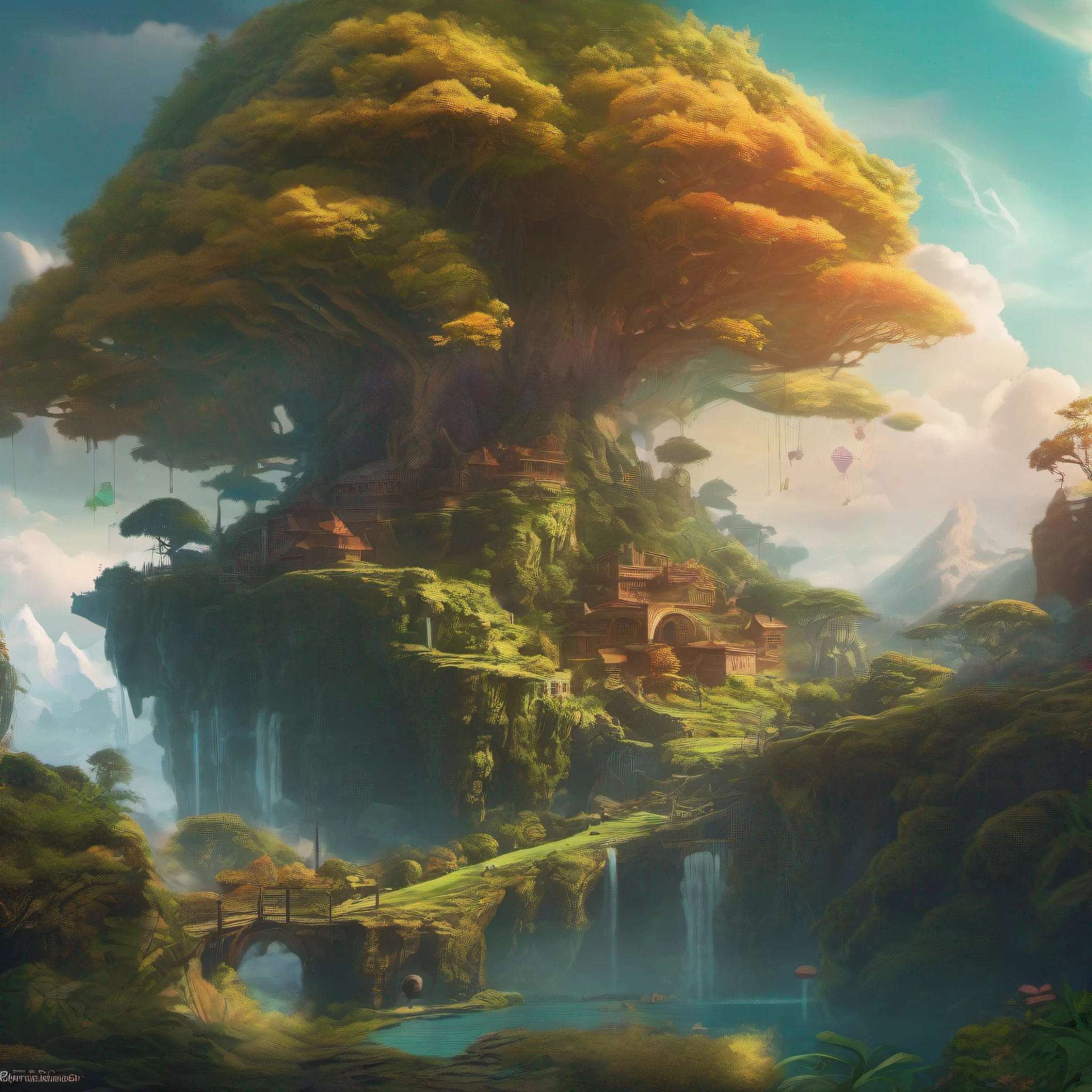 A mystical and epic landscape, Featuring a fantastical and surreal world of floating islands, giant trees, that transport the viewer to a world of imagination and wonder, artstation, arte digital, intrincado, trend, cores brilhantes