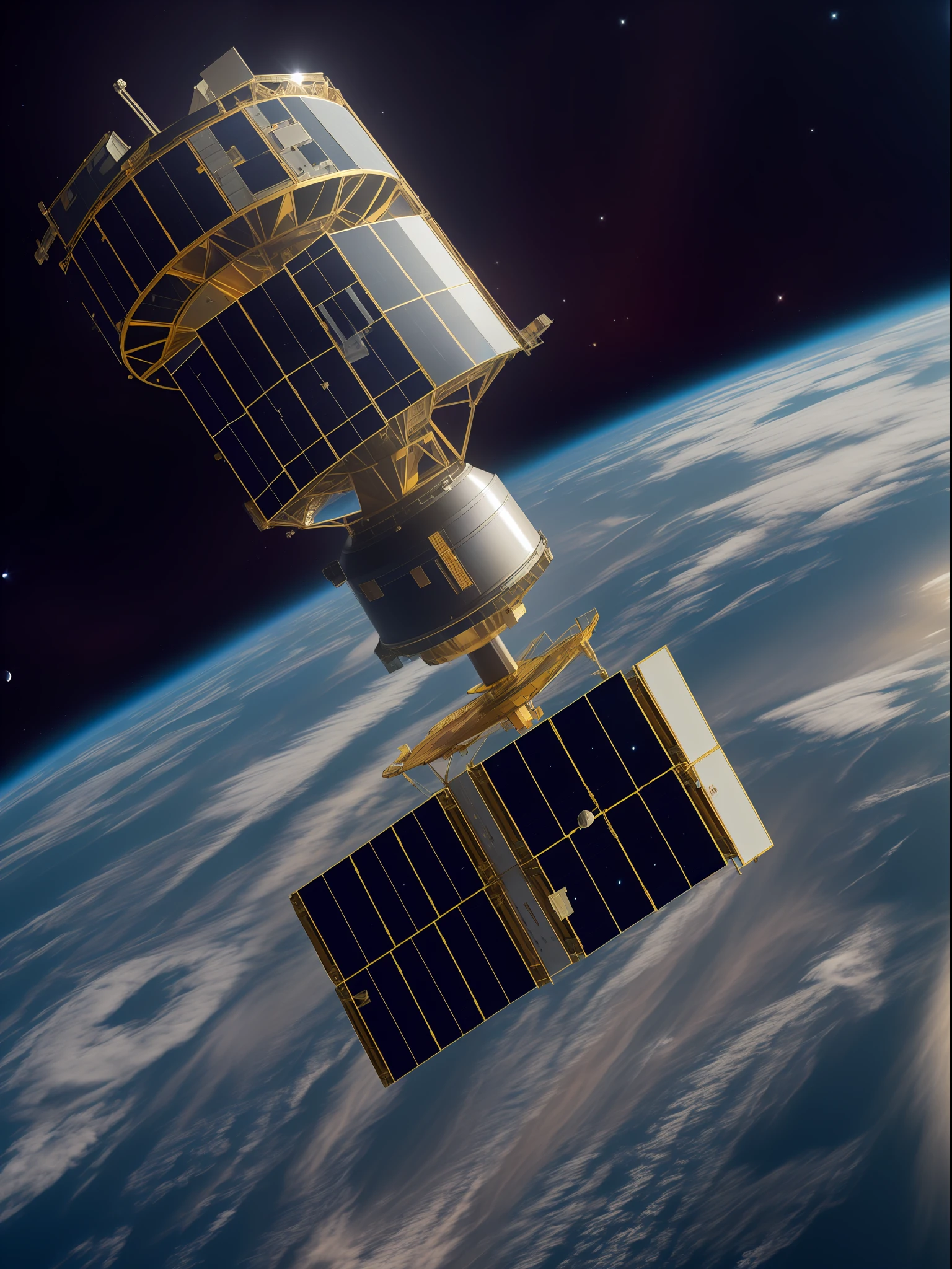 "A satellite hovering majestically in the vastness of outer space, with planet Earth in the background."