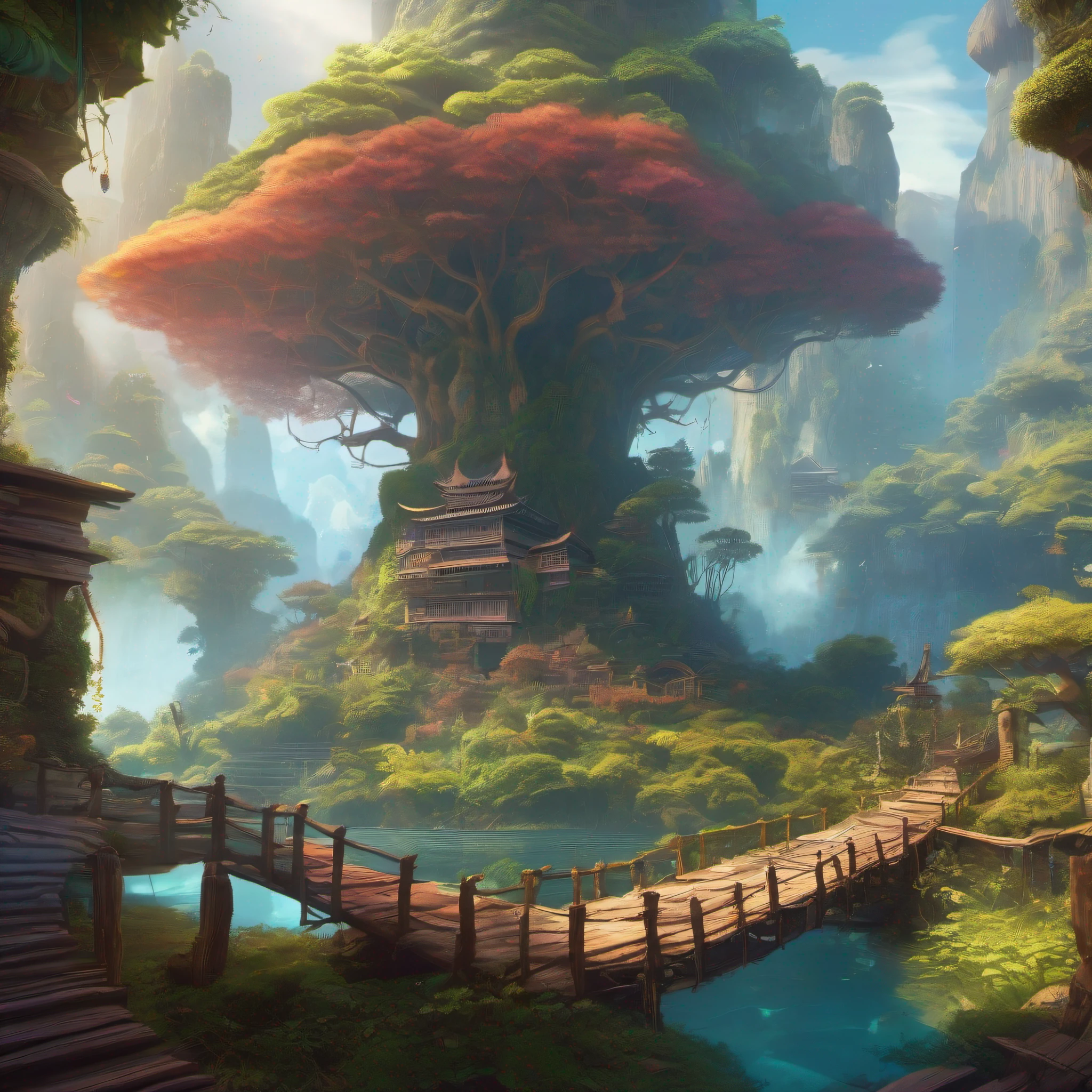 A mystical and epic landscape, Featuring a fantastical and surreal world of floating islands, giant trees, that transport the viewer to a world of imagination and wonder, artstation, arte digital, intrincado, trend, cores brilhantes