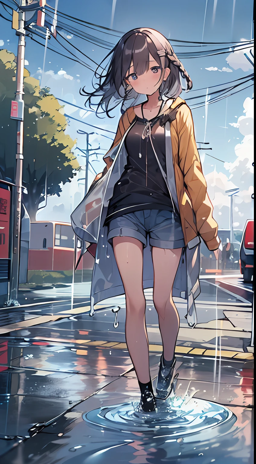 masutepiece, Best Quality,Illustration, Wallpaper, Ultra Detail, absurderes, 1girl in, Solo, (Semi-long hair、short braided hair), Beautiful detailed eyes, rainfall、water dripping、wetting hair , Wet clothes, (Street:1.3), Cloudy sky、Hair that flutters in the wind