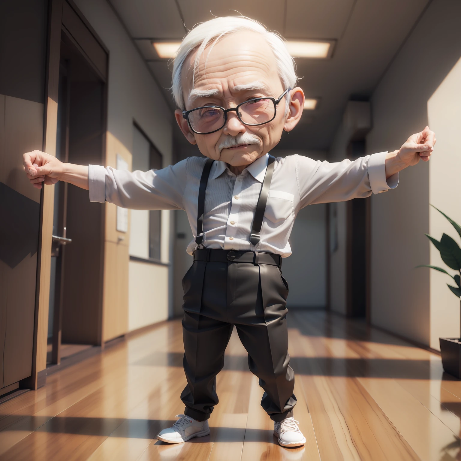 (((chibi 3d))),80 years old man,👴🏻, Cutter shirt,Looping,slacks,Business Shoes,High jump,Hair is thin,japanes,Hospital lobby