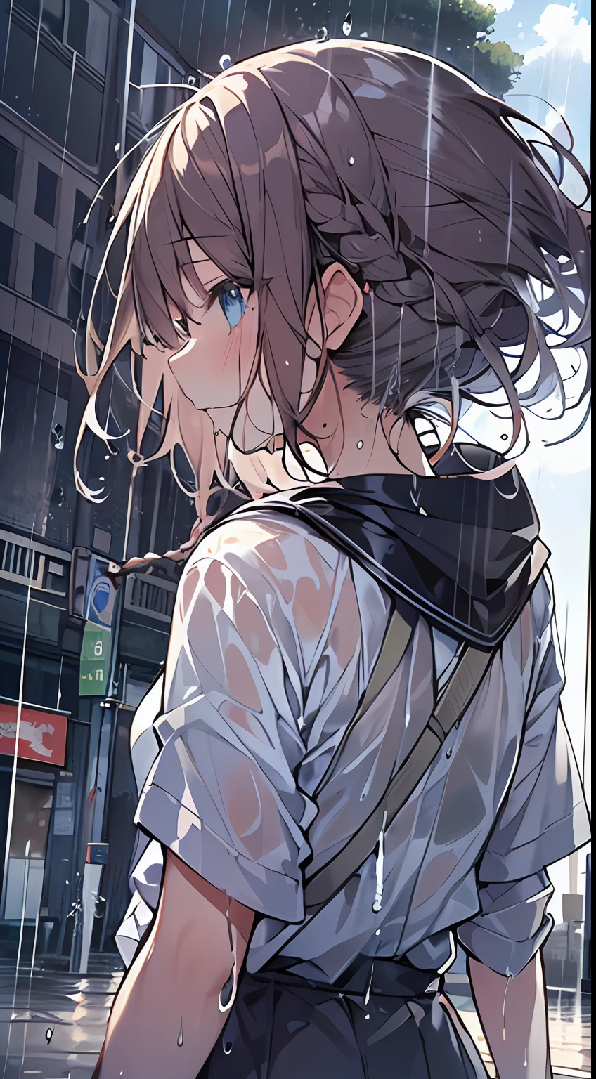 masutepiece, Best Quality,Illustration, Wallpaper, Ultra Detail, absurderes, 1girl in, Solo, (Semi-long hair、short braided hair), Beautiful detailed eyes, rainfall、water dripping、wetting hair , Wet clothes, (Street:1.3), Cloudy sky、Hair that flutters in the wind