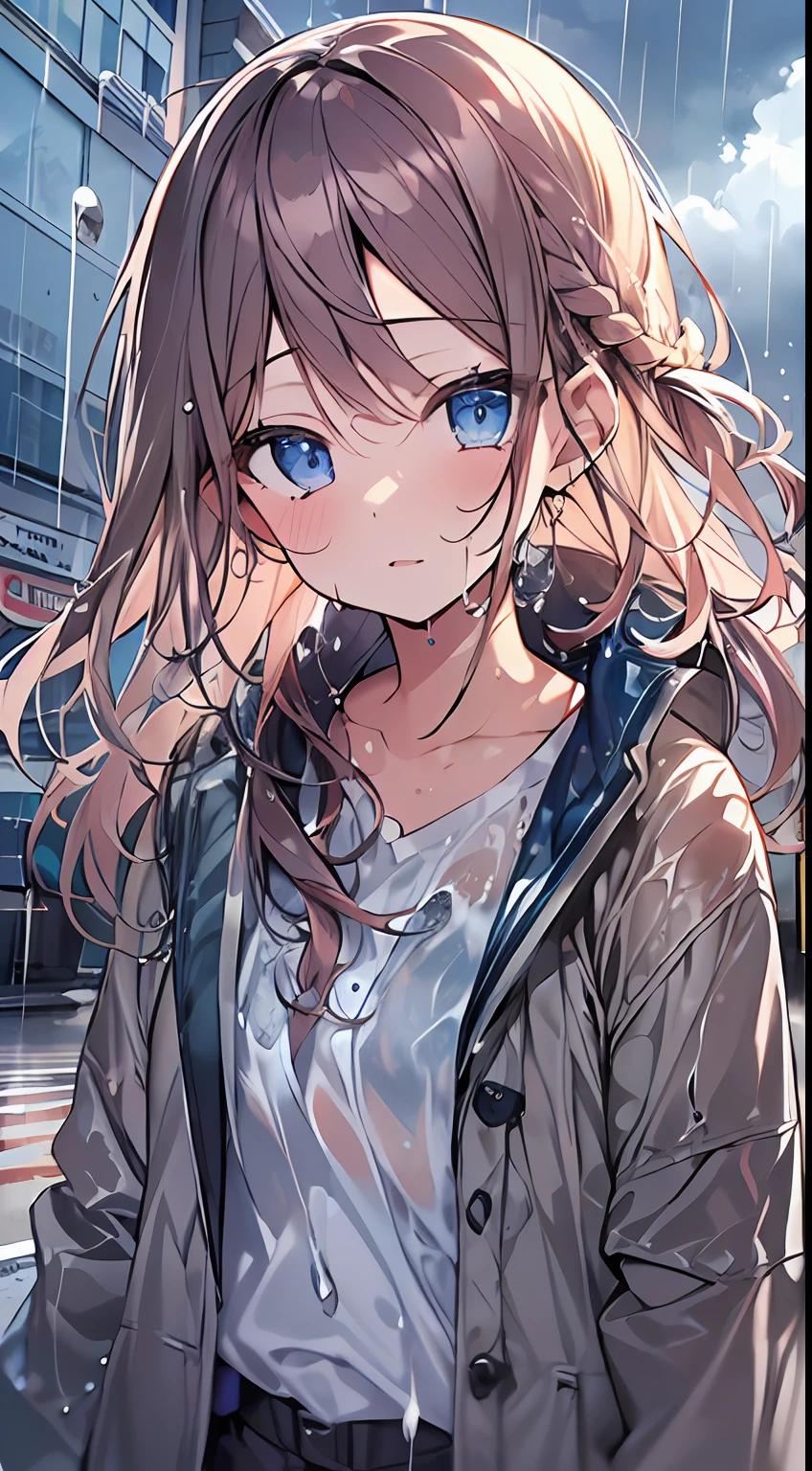 masutepiece, Best Quality,Illustration, Wallpaper, Ultra Detail, absurderes, 1girl in, Solo, (Semi-long hair、short braided hair), Beautiful detailed eyes, rainfall、water dripping、wetting hair , Wet clothes, (Street:1.3), Cloudy sky、Hair that flutters in the wind