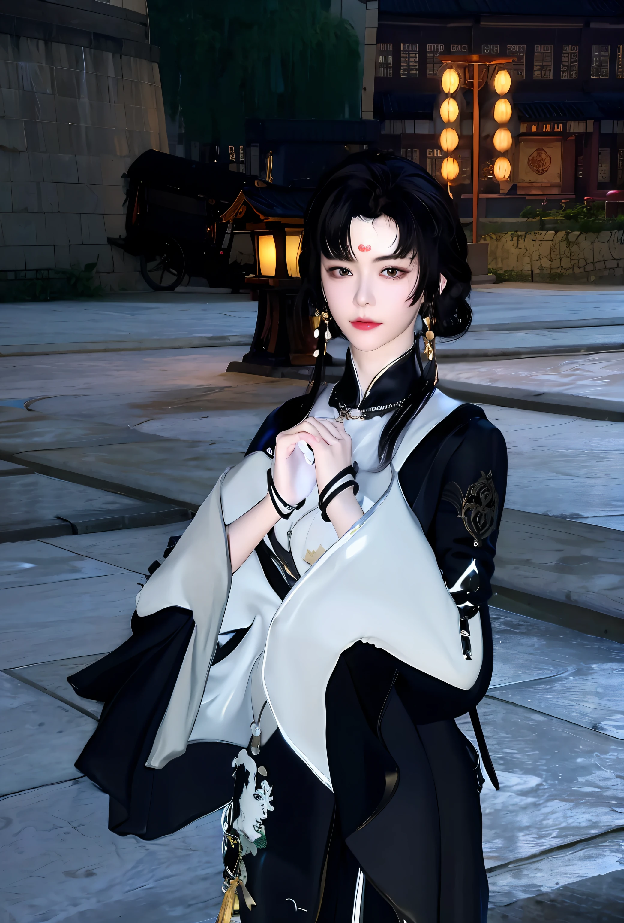 There was a woman in ink dressed praying, Dressed in dramatic aristocratic robes, inspired by Li Mei-shu, black hime cut hair,The hair is well-defined,Delicate skin, really,black-white skintight robes!, full-body xianxia, inspired by Ren Renfa, sui ishida with black hair, inspired by Park Hua,The work is more in line with the original picture。More realistic 8K HD