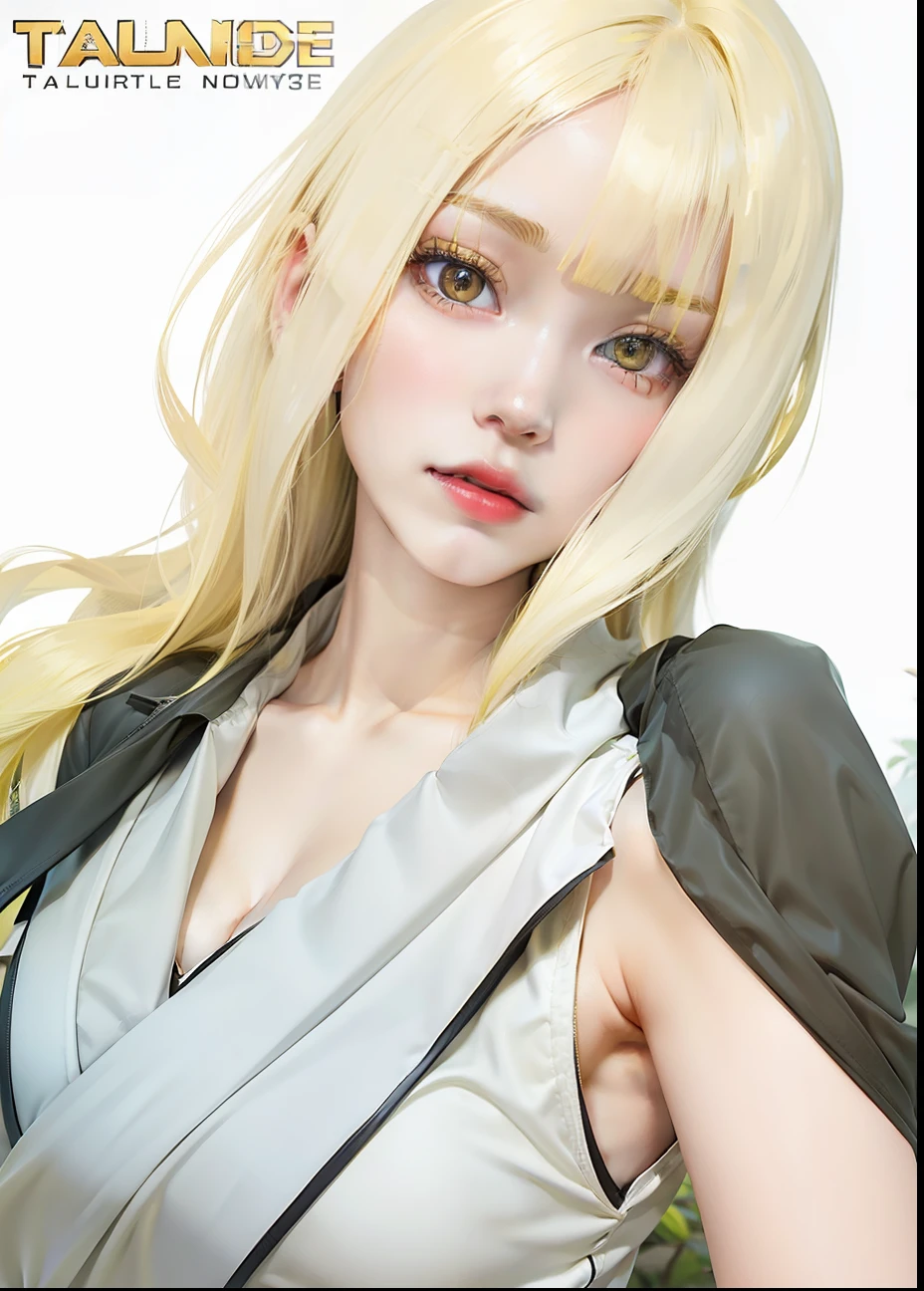 1girl, taunade, yellow hair, long hair, yellow eyes, gray clothes, big breasts, jungle background, realistic, ultra detail