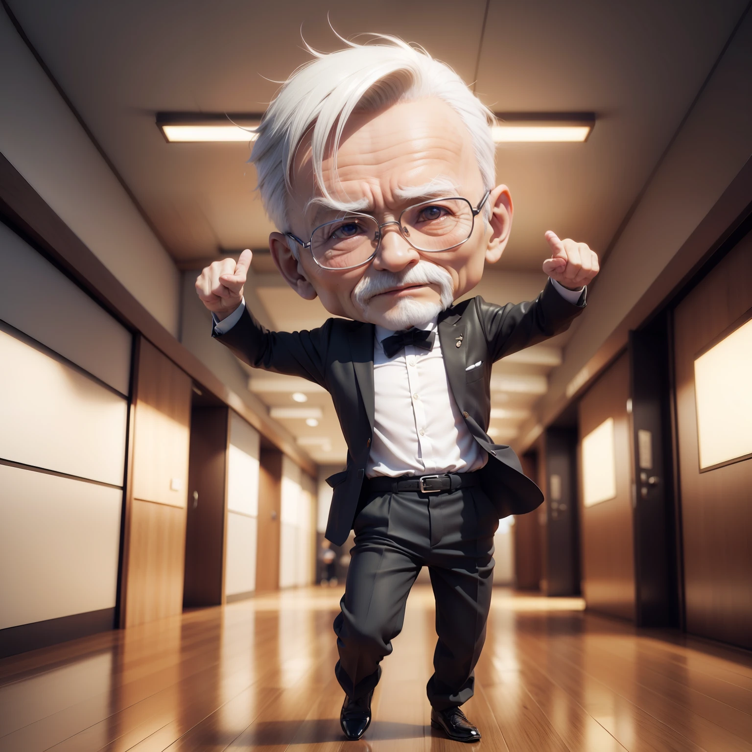 (((chibi 3d))),80 years old man,👴🏻, Cutter shirt,Looping,slacks,Business Shoes,High jump,Hair is thin,japanes,Hospital lobby