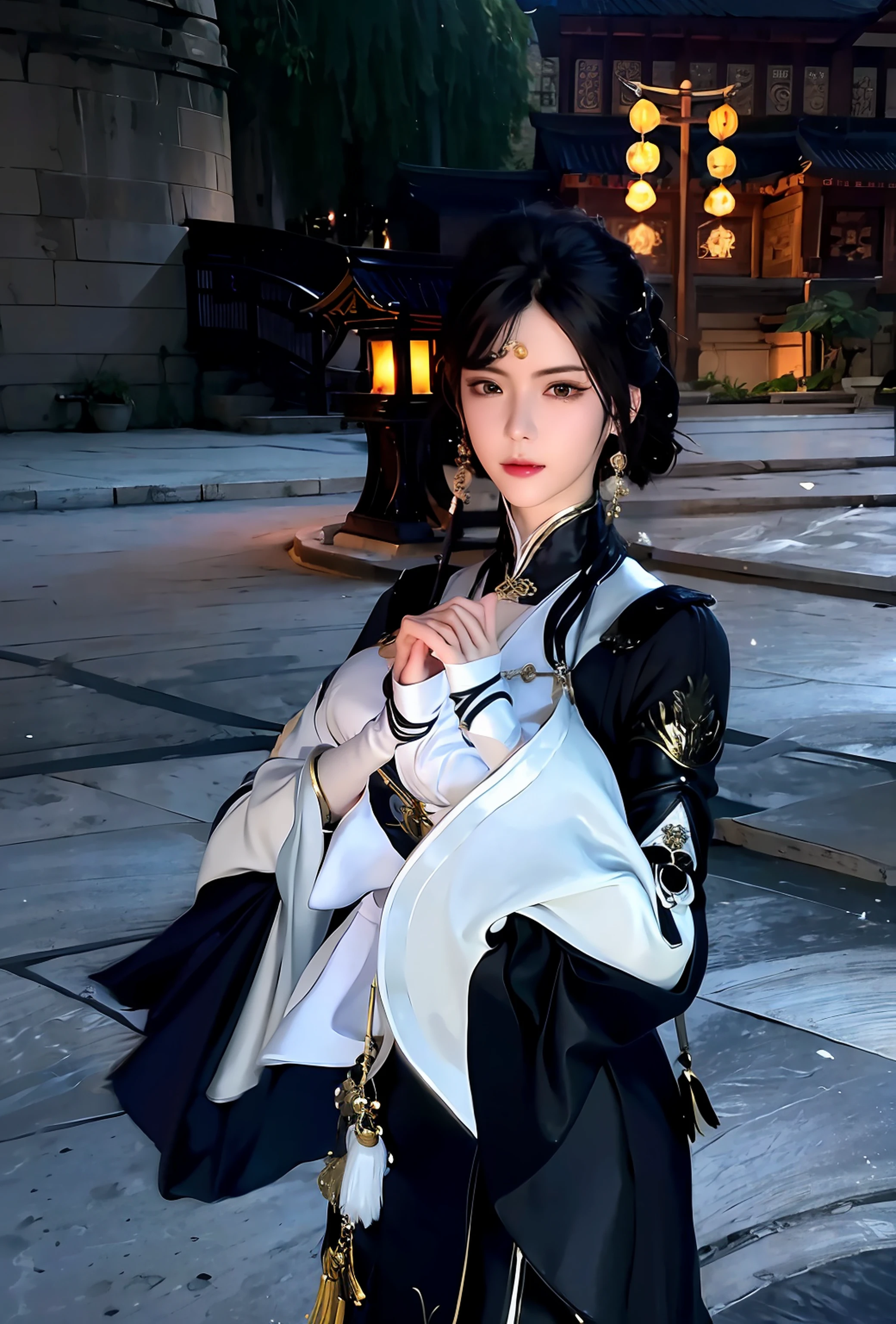 There was a woman in ink praying, Dressed in dramatic aristocratic robes, inspired by Li Mei-shu, black hime cut hair,The hair is well-defined，Delicate skin, Really，On his hands, he contoured a black and white tight-fitting robe!, full-body xianxia, inspired by Ren Renfa, sui ishida with black hair, inspired by Park Hua，The work is more in line with the original picture。。More realistic 8K HD