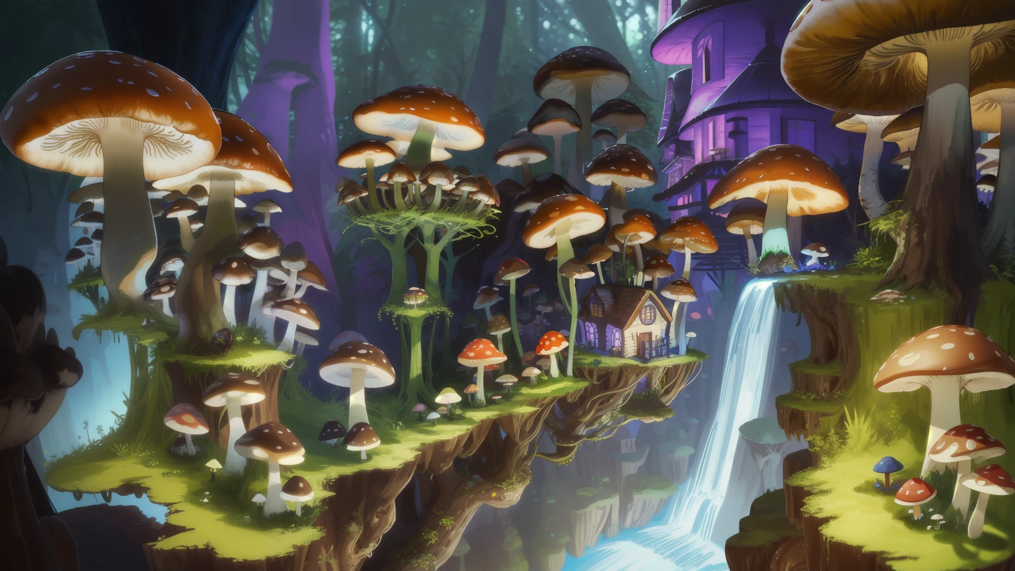 tilt shift lens,Close-up of a bunch of mushrooms in the forest, mushroom city, Mushroom forest, cyber mushroom city, mushroom house, forest made of mushrooms, mushroom trees, Stylized concept art, mushroom house, 3 d render stylized, Mushrooms are everywhere, Detailed digital 2D fantasy art, houses in the shape of mushrooms, magical fantasy 2 d concept art