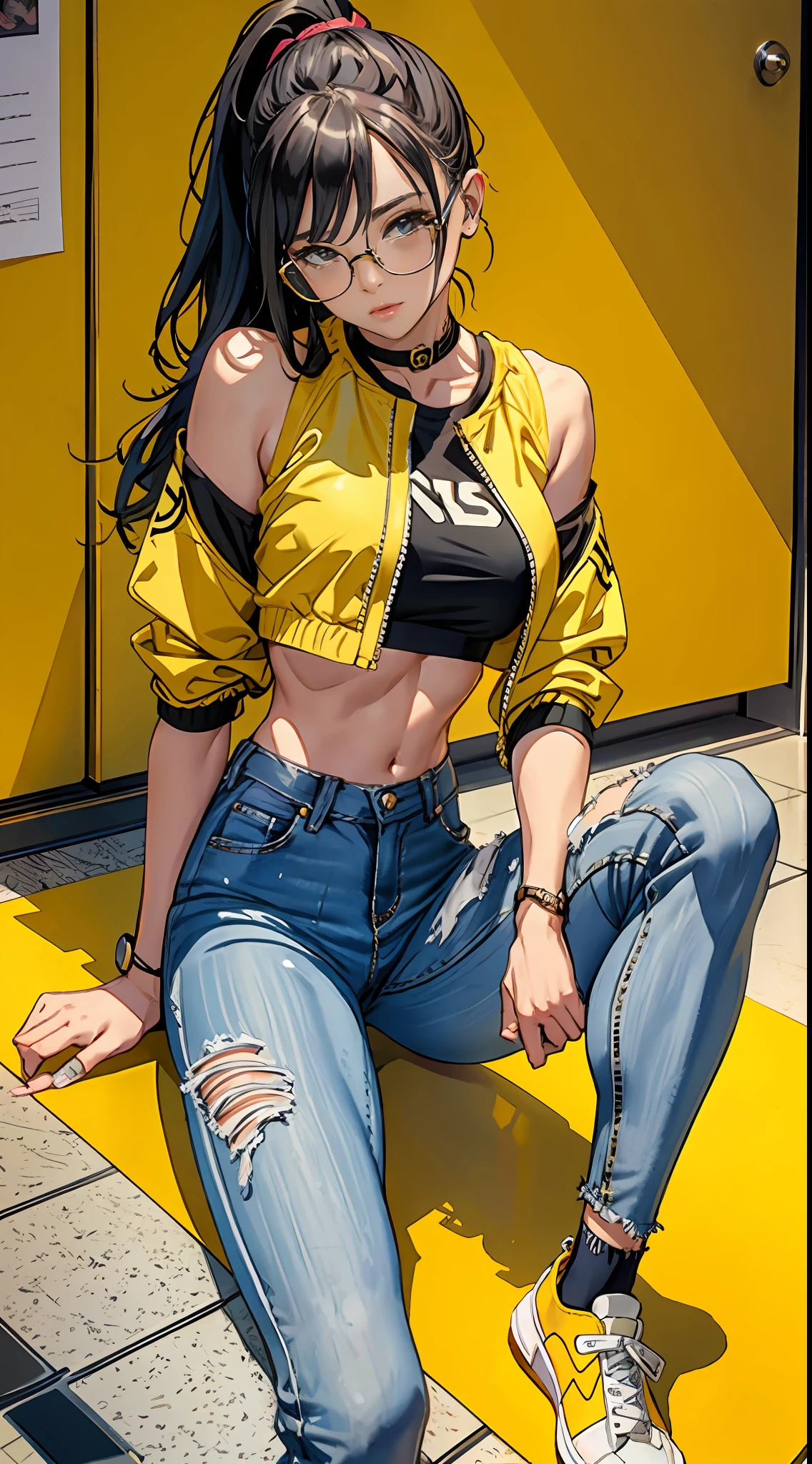 Woman sitting on floor wearing gold wire glasses,Delicate face shape, wearing yellow croptop, distorted pose, Wear a camisole jacket, casual photography, Sit Pose, (busty figure),Kawaii top, grey yoga pants,tight-fitting,sitting down on the floor, Full body picture, full body photogenic shot, sat on the ground, front poses,Super detail, High details, High quality, Best quality