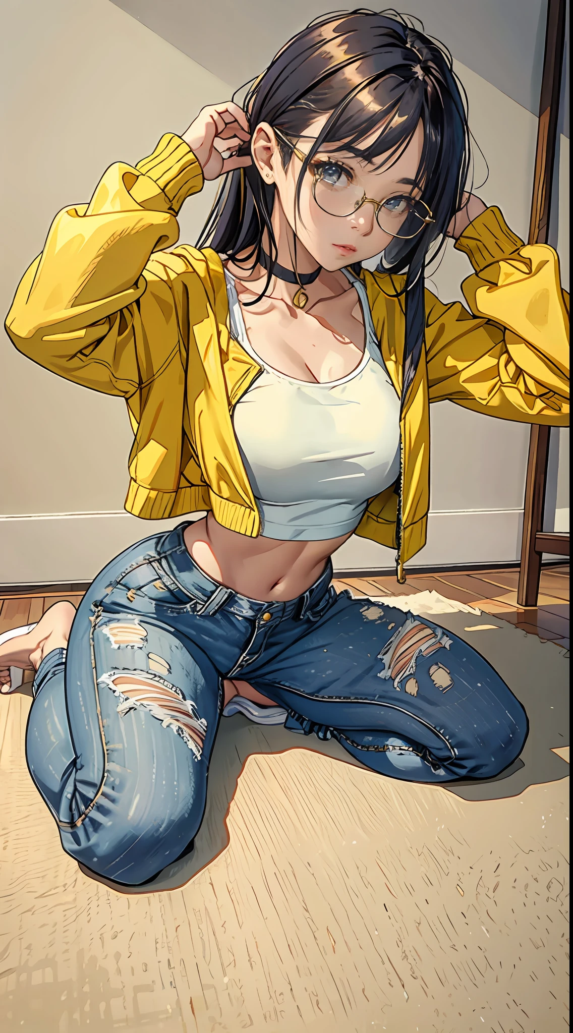 Woman sitting on floor wearing gold wire glasses,Delicate face shape， wearing yellow croptop, distorted pose, Wear a camisole jacket, casual photography, Sit Pose, （busty figure），Kawaii top, grey yoga pants，tight-fitting，sitting down on the floor, Full body picture, full body photogenic shot, sat on the ground, front poses，Super detail, High details, High quality, Best quality