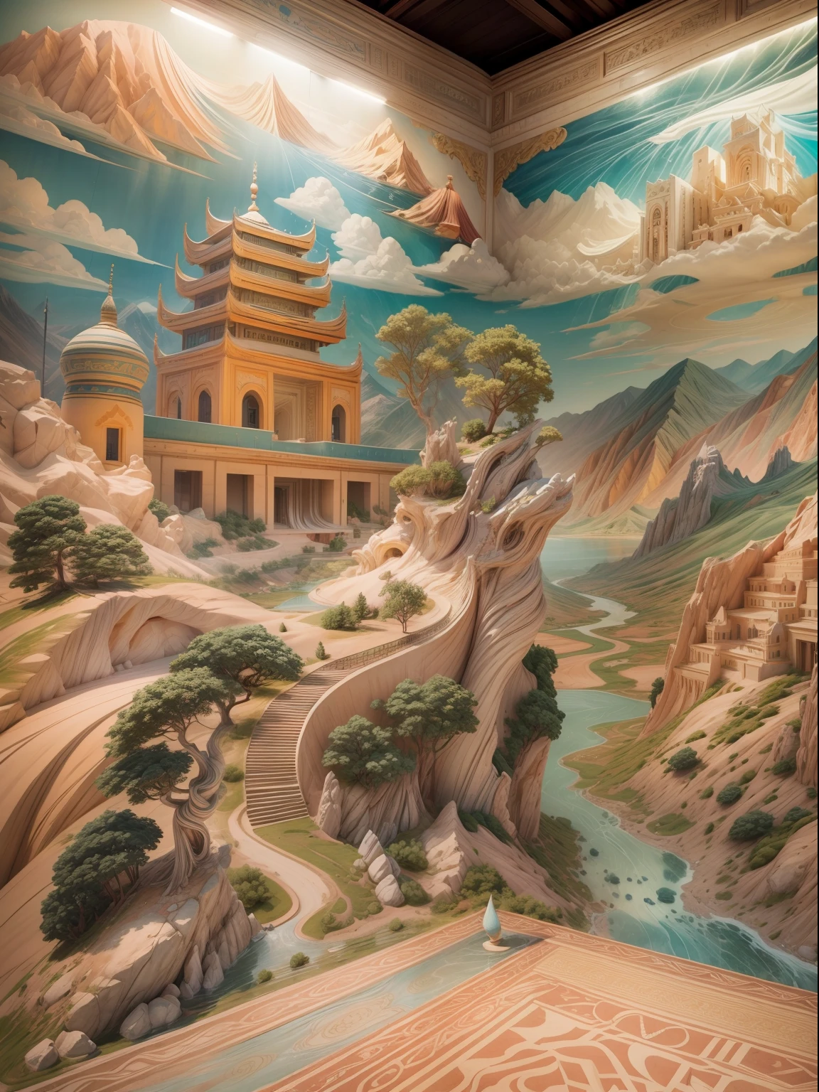 (mural art:1.3)rivers and lakes,low-saturation,Dunhuang mural color scheme,cave lighting,(Very detailed,reasonable design,Clear lines,Magnificent composition,Dunhuang mural style,3D art, movie light effect,high high quality,Masterpiece,4K,Chiaroscuro)