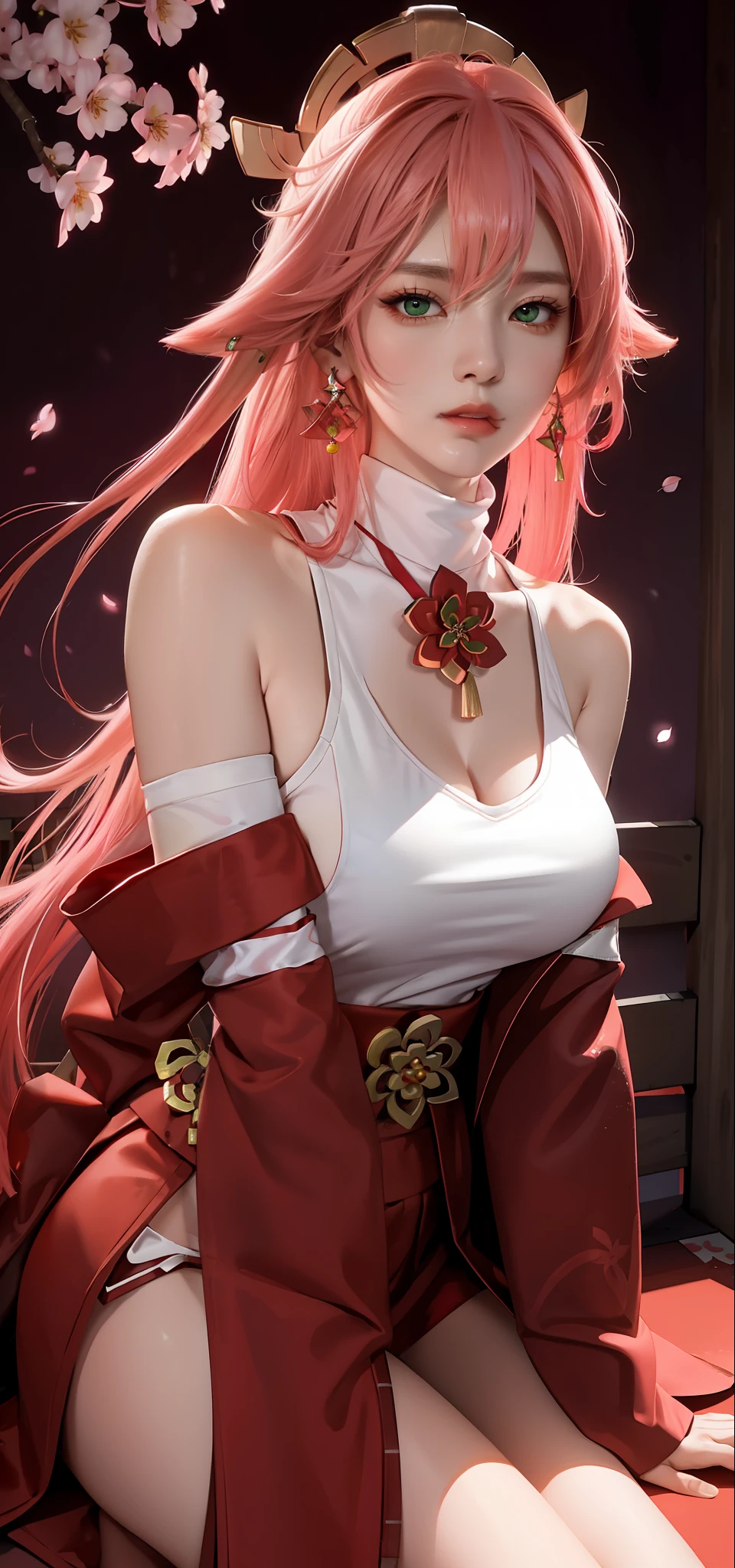 (Masterpiece, Excellent, 1girl, solo, complex details, color difference), realism, ((medium breath)), off-the-shoulders, big breasts, sexy, Yae Miko, long pink hair, red headdress, red highlight, hair above one eye, green eyes, earrings, sharp eyes, perfectly symmetrical figure, choker, neon shirt, open jacket, turtleneck sweater, against the wall, brick wall, graffiti, dim lighting, alley, looking at the audience, ((mean, seductive, charming)), ((cherry blossom background ))),((Japanese temple background)))), (((Glow-in-the-dark background)))