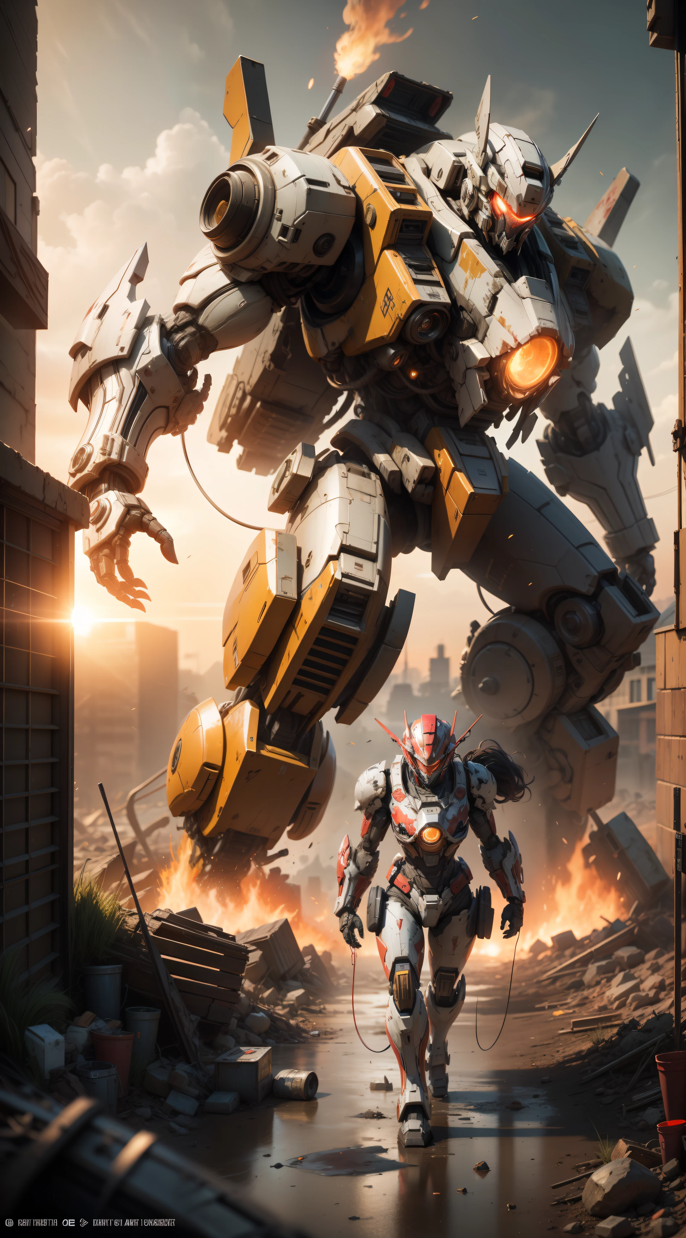 Look down from overhead，（Digital artwork：1.3）（a sketch：1.1）Octane renders a wasteland，weed，Dilapidated houses，gravel path，Sunset，dark red color，（（（A girl in a combat suit stands on a mech，blood stains at the corners of the mouth，Messy long hair flying，The cockpit opens））），One arm of the mech was broken，Mars splashes，Broken，Exposed wires，（（Mecha is depicted finely）），（（（super-fine））），shot at 8k resolution，petrol liquid，Firelight，blasts，splashart，Lithography in intricate details，（Light particles：1.2），（game concept：1.3），（depth of fields:1.3),Global illumination,detail-rich,Trends on ArtStation，Epic shooting，Cinematic lighting